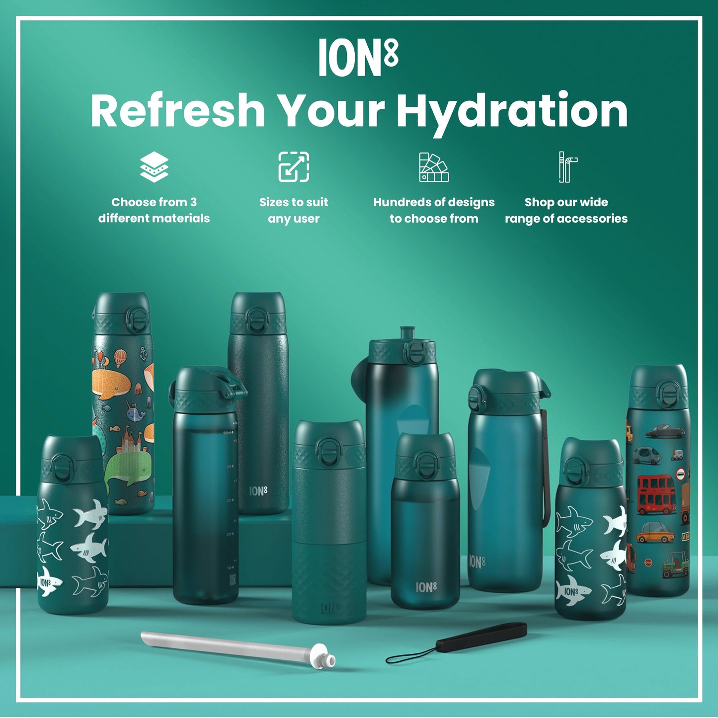 Several teal-colored water bottles, varying in size and design, are displayed on a teal surface. The bottles feature various designs and some have the logo "ION8". They are presented as a product advertisement.