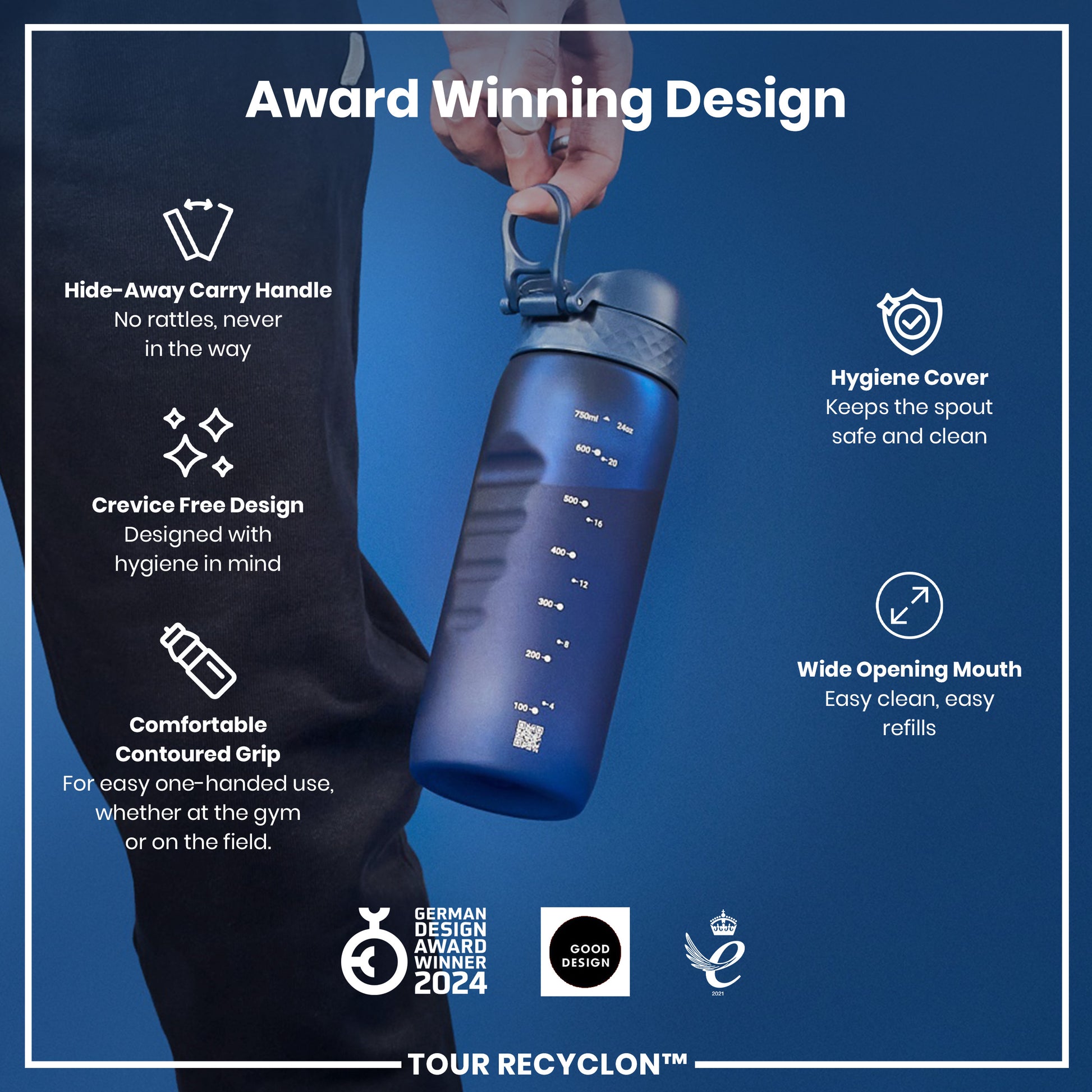 A person holds a blue, contoured water bottle with a carrying handle and wide mouth. It features a hygiene cover and is designed for easy one-handed use. The bottle is showcased against a blue background with text highlighting its award-winning design and features. "TOUR RECYCLON™" is also visible.