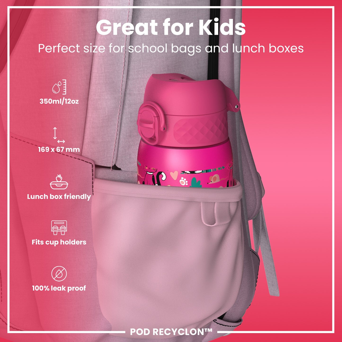 Leak Proof Kids Water Bottle, Recyclon, Kittens, 350ml (12oz)