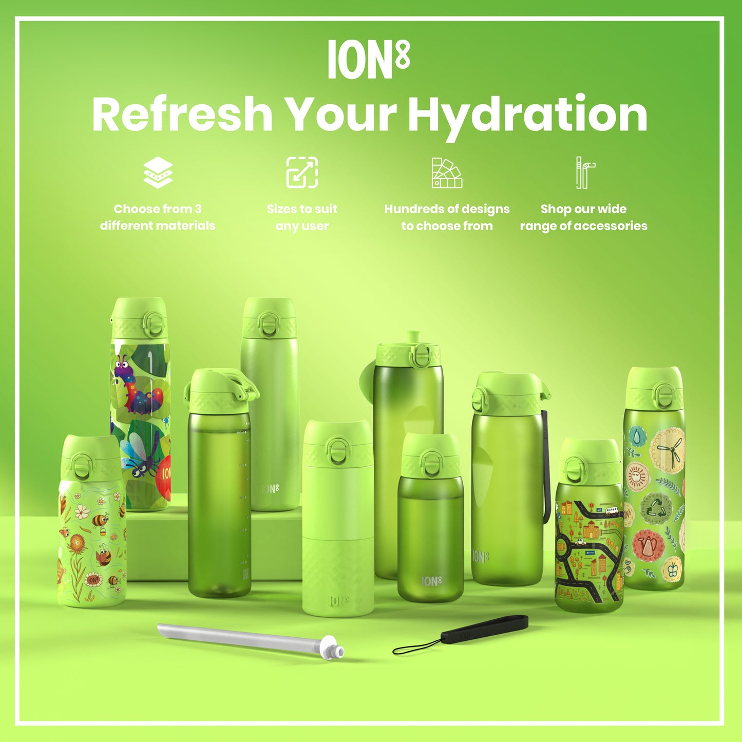 Several lime-green ION8 water bottles, various sizes and designs, are displayed on a matching surface. Accessories are also shown. "Refresh Your Hydration" is the main text.