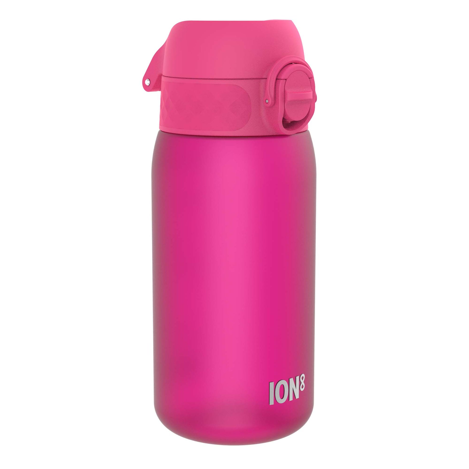 A pink ION8 water bottle sits on a white background. The bottle has a pink lid with a flip-top spout.