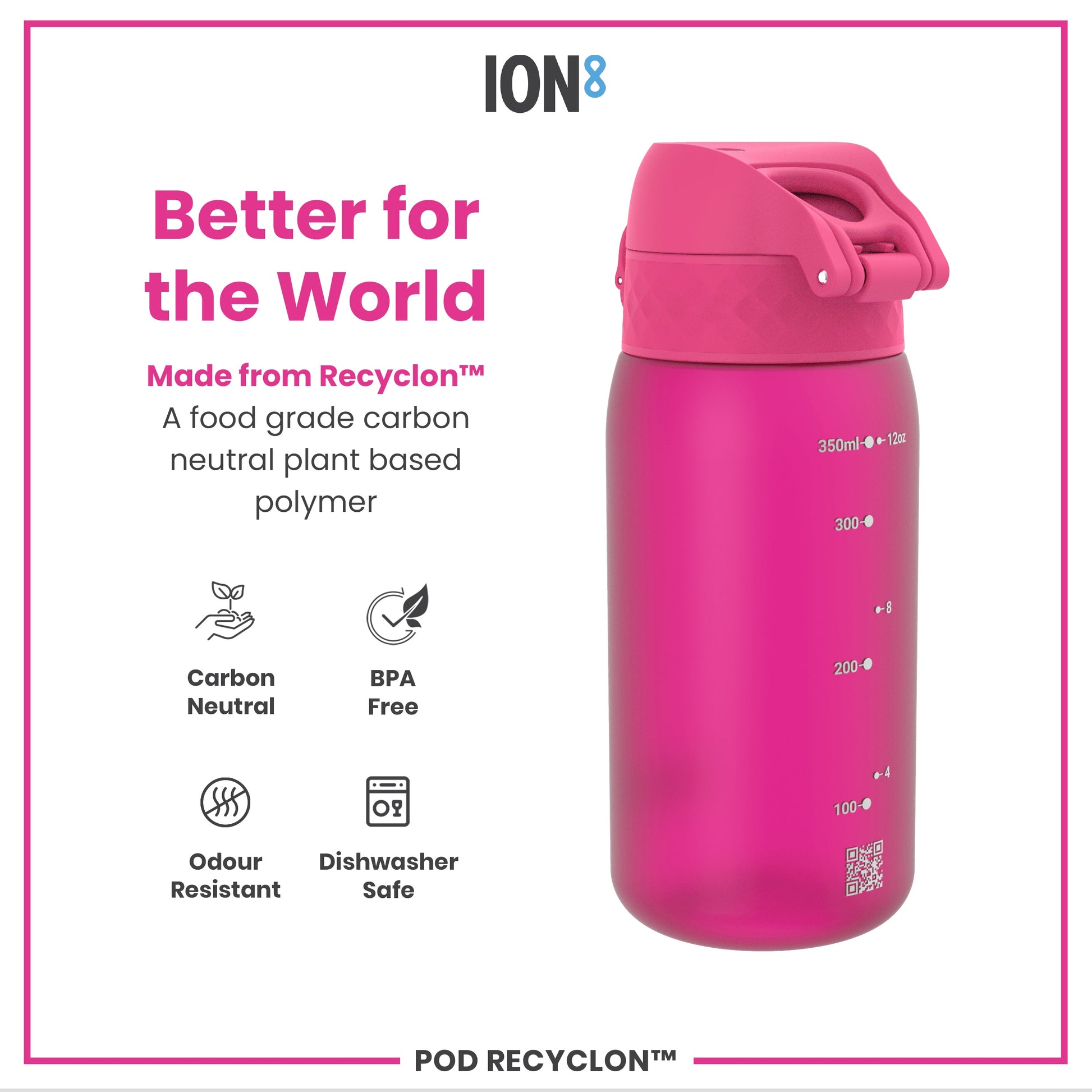 A pink water bottle sits against a white background. It's made from a plant-based polymer, is BPA-free, dishwasher safe, and carbon neutral. The bottle displays volume markings.
