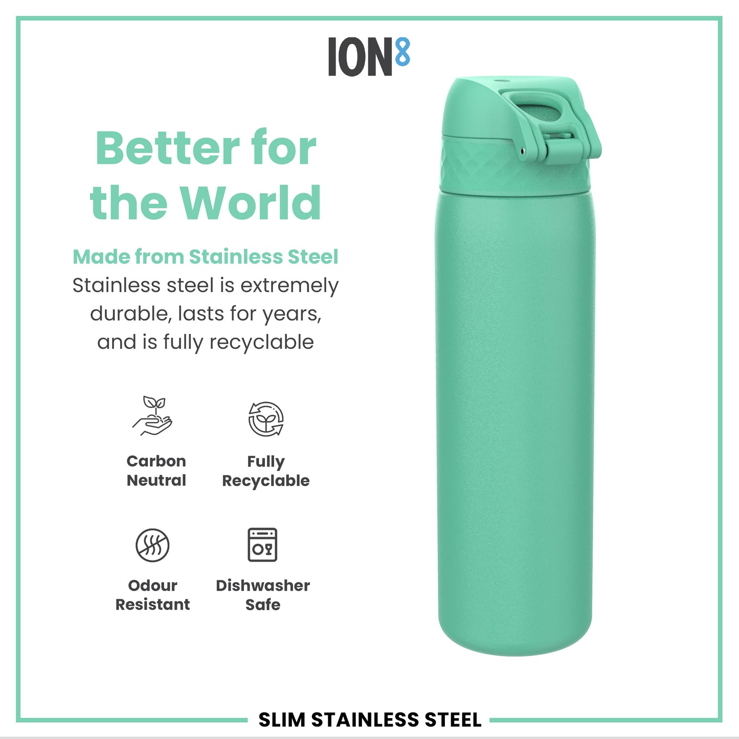 Leak Proof Slim Water Bottle, Stainless Steel, Teal, 600ml (20oz)
