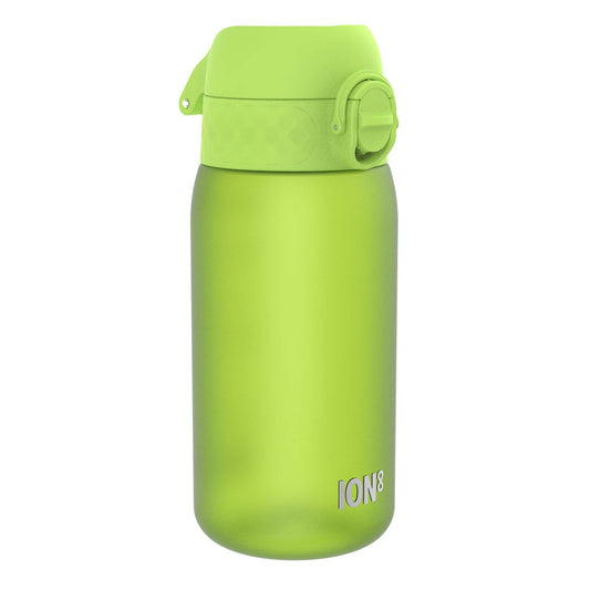 A lime-green ION8 water bottle sits on a white background. The bottle has a flip-top lid.