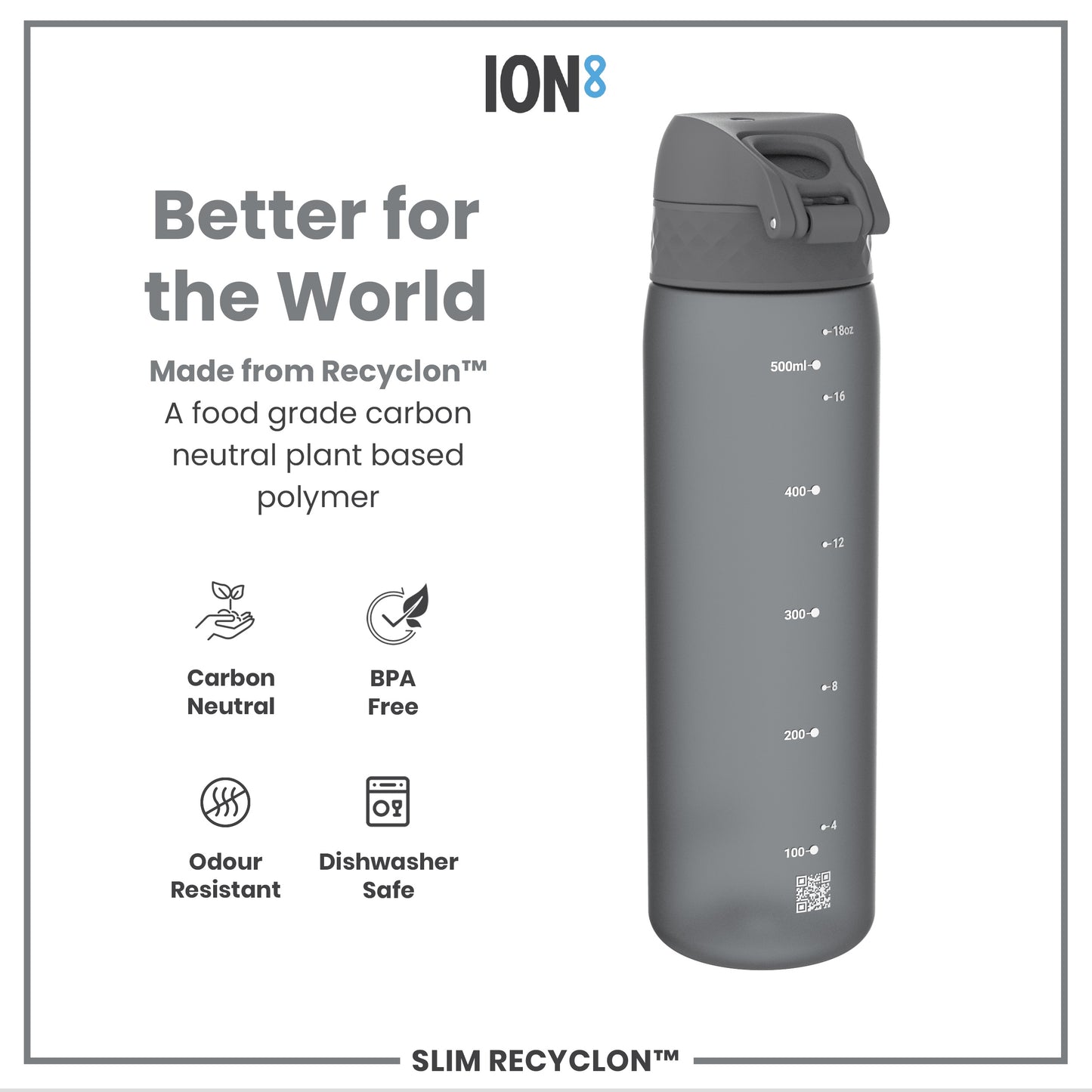 A gray water bottle sits against a white background. The bottle is made from a plant-based polymer and is BPA-free, carbon-neutral, odour-resistant, and dishwasher-safe. Measurements in milliliters and ounces are printed on its side.