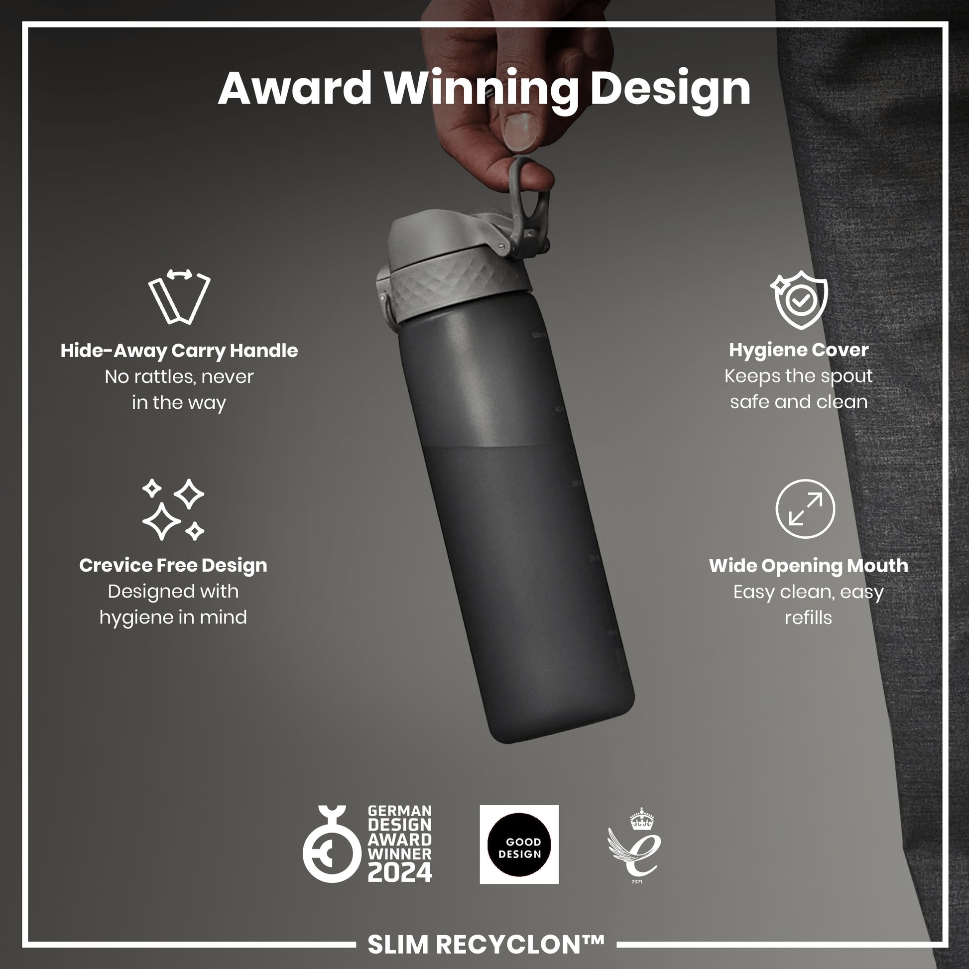 A dark-grey water bottle is being held; its features—a hide-away handle, hygiene cover, and wide mouth—are highlighted against a dark background. "Award Winning Design," "German Design Award Winner 2024," "Good Design," and "2021" are also displayed.
