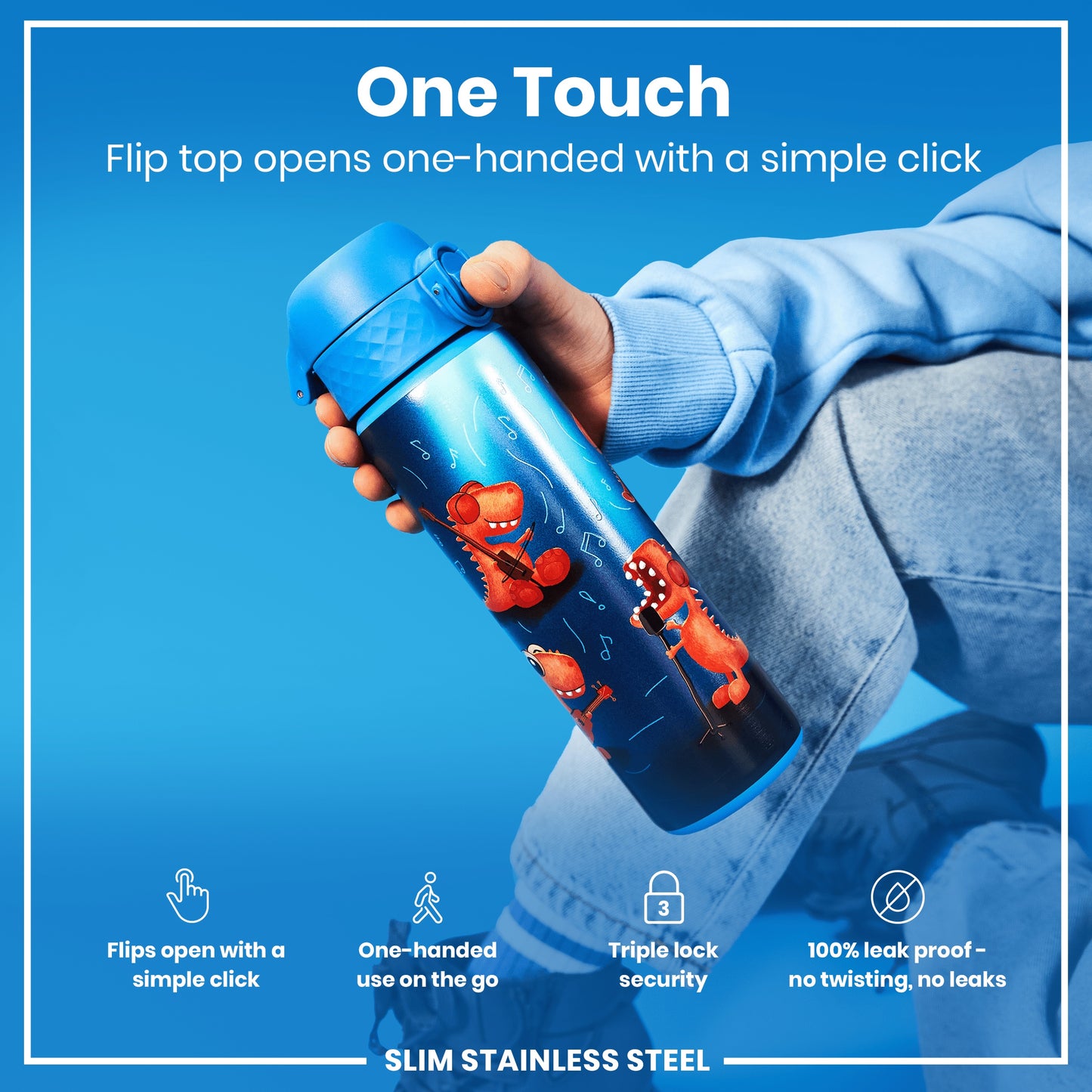A blue water bottle with a flip top is being held; the top opens one-handed. The bottle features a musical dinosaur design, and is described as slim, stainless steel, leakproof, and having triple-lock security.