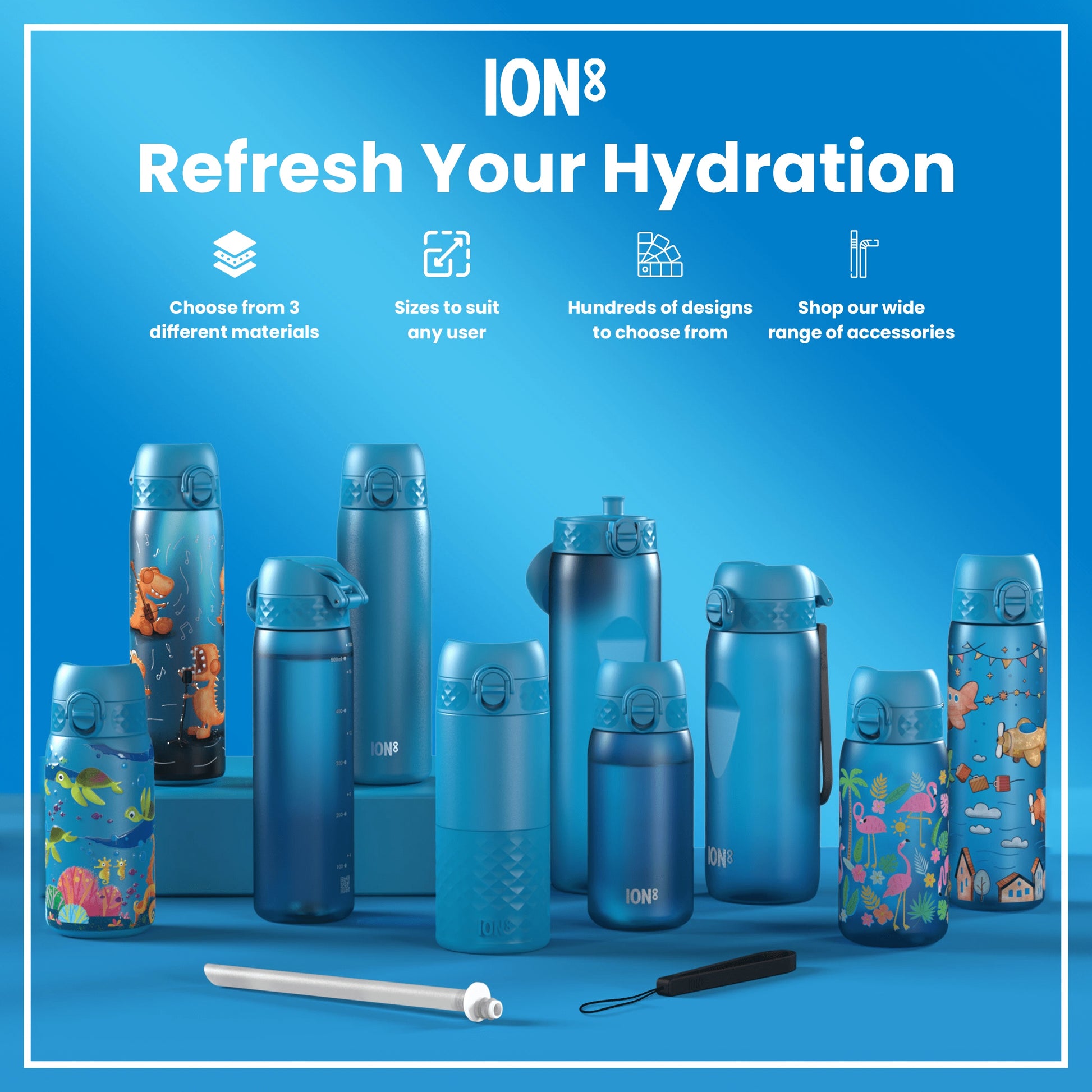 Several blue water bottles, of varying sizes and designs, are displayed on a blue surface. They showcase different material choices and accessories. The text reads: "ION8 Refresh Your Hydration," along with details on materials, sizes, designs, and accessories.