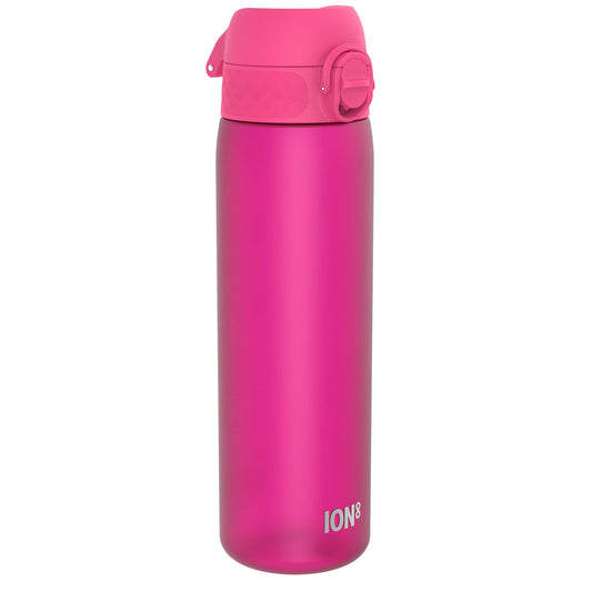 A pink ION8 water bottle stands against a white background. The bottle is upright and features a pink screw-top lid.