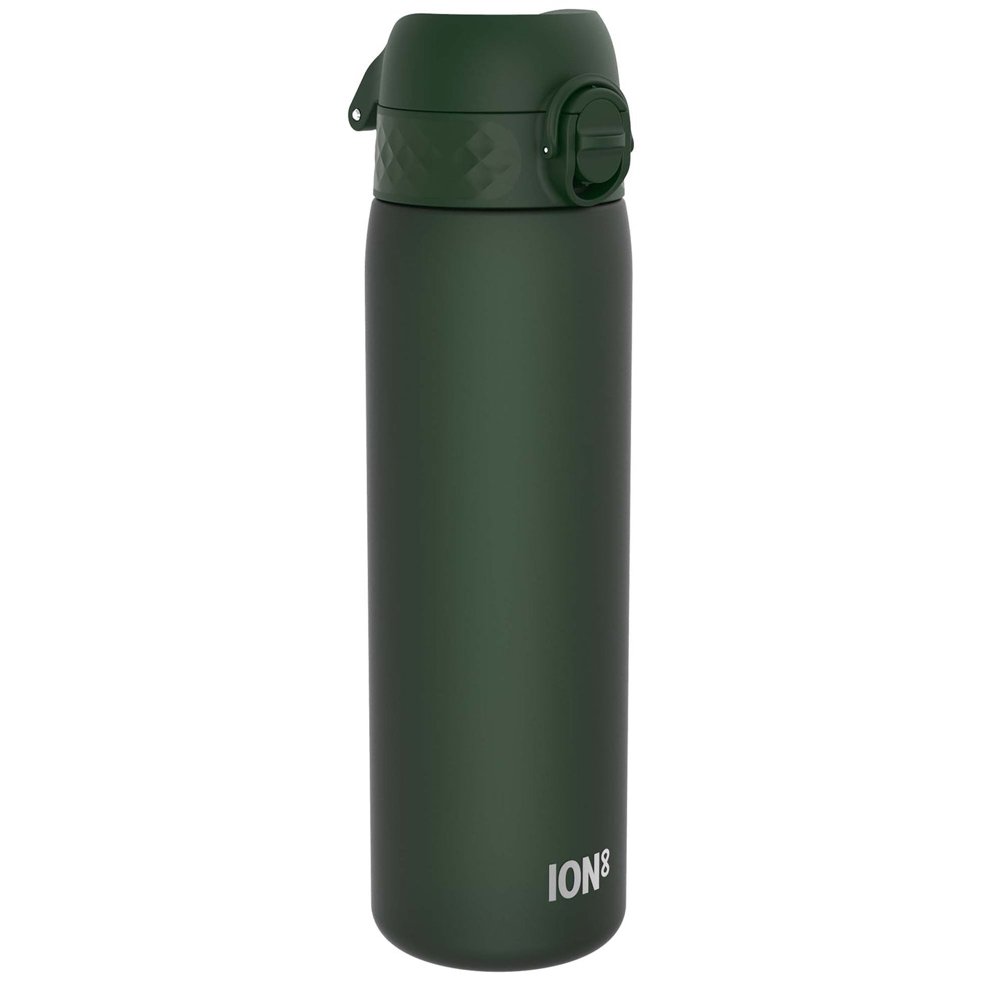 A dark-green ION8 water bottle stands upright against a white background. The bottle has a screw-on lid with a carrying loop.