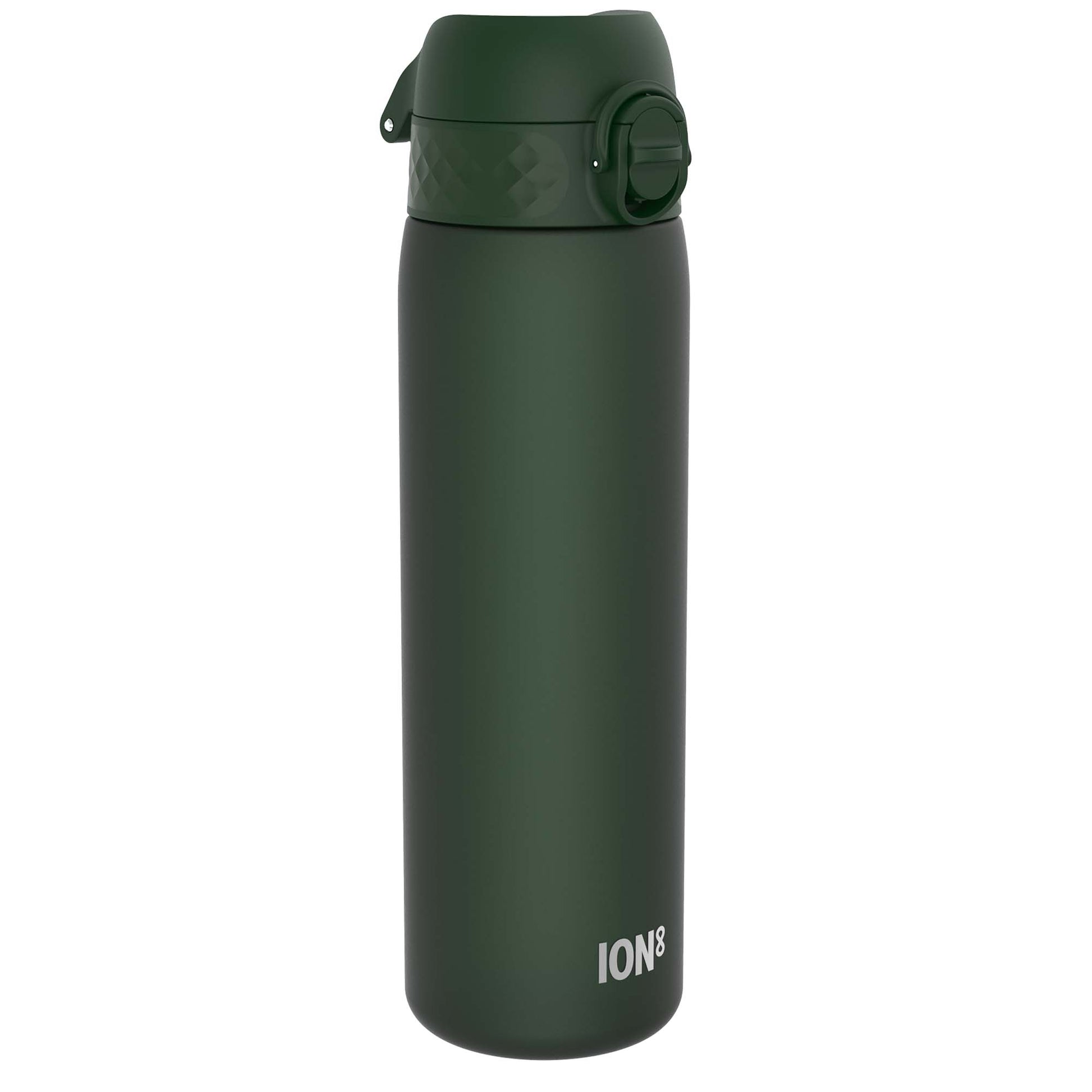 A dark-green ION8 water bottle stands upright against a white background. The bottle has a screw-on lid with a carrying loop.