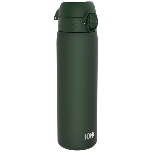 A dark-green ION8 water bottle stands upright against a white background. The bottle has a screw-on lid with a carrying loop.