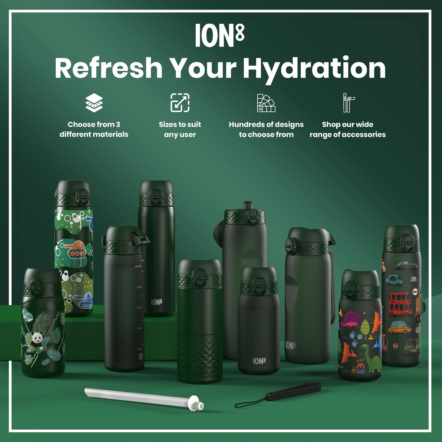 Leak Proof Slim Water Bottle, Recyclon, Dark Green, 500ml (18oz)
