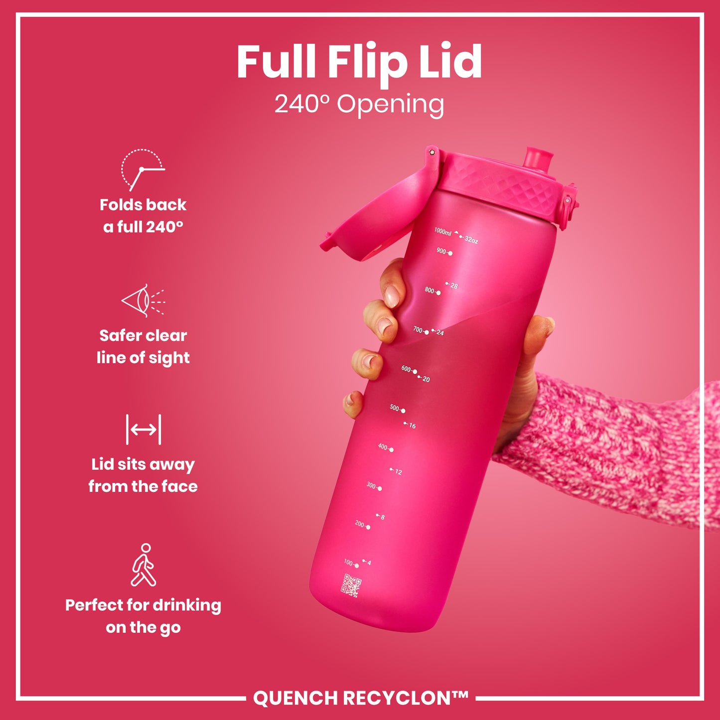 A pink water bottle with a full flip lid is being held; its 240° opening and measurement markings are visible against a pink background. QUENCH RECYCLON™ is also present.