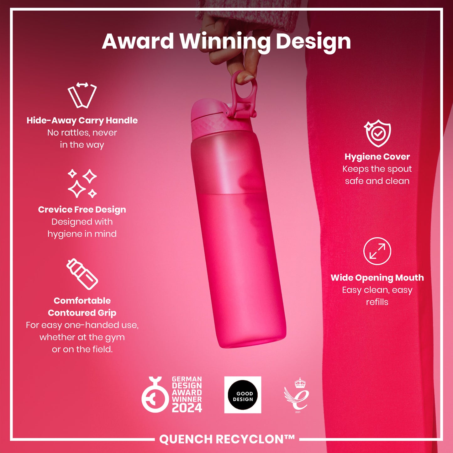 A pink water bottle is being held; it features a hide-away handle, crevice-free design, contoured grip, hygiene cover, and wide mouth. The bottle is an award-winning design.