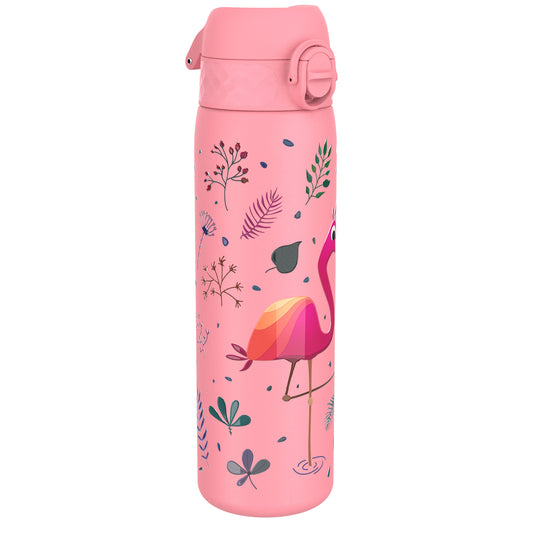A pink water bottle, decorated with a flamingo and floral designs, stands on a white background.