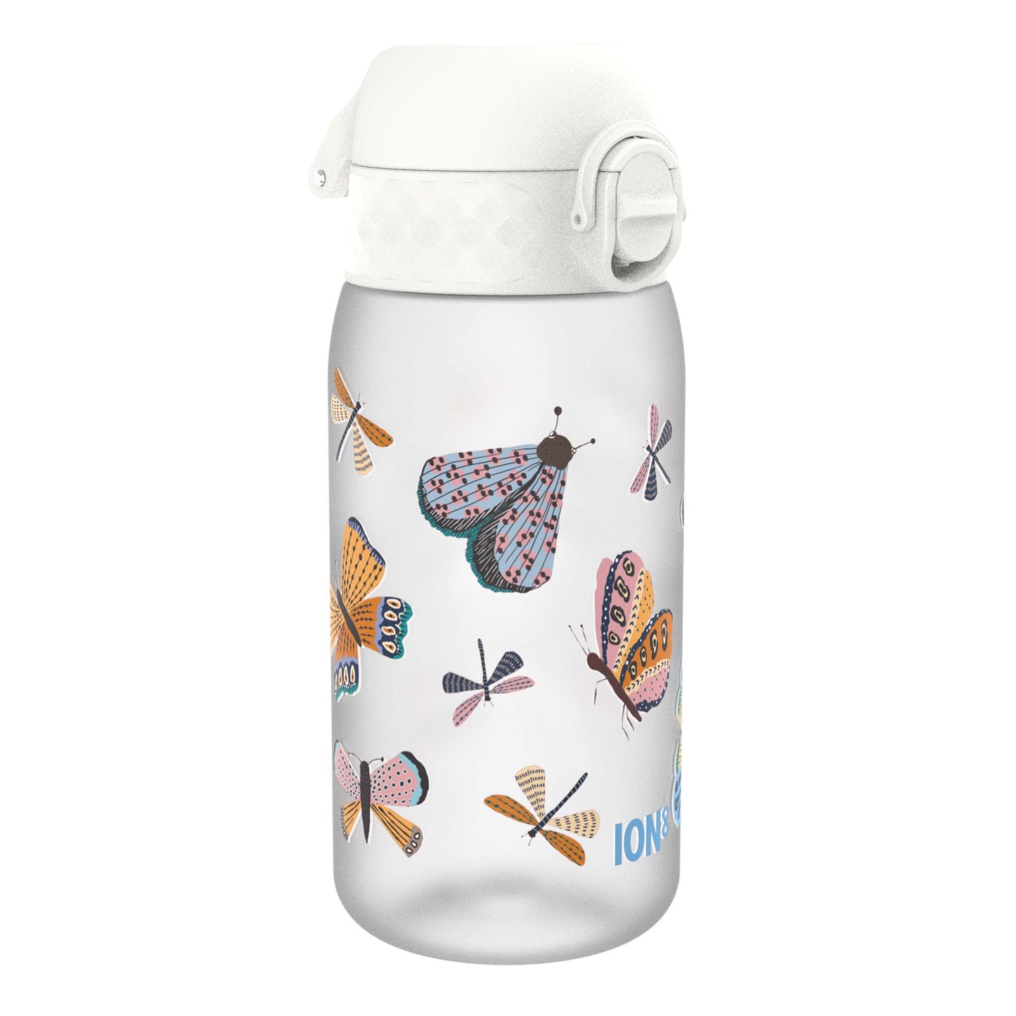 A translucent water bottle, featuring a white cap and butterfly/dragonfly designs, sits on a white background. ION8 is printed on the bottle.
