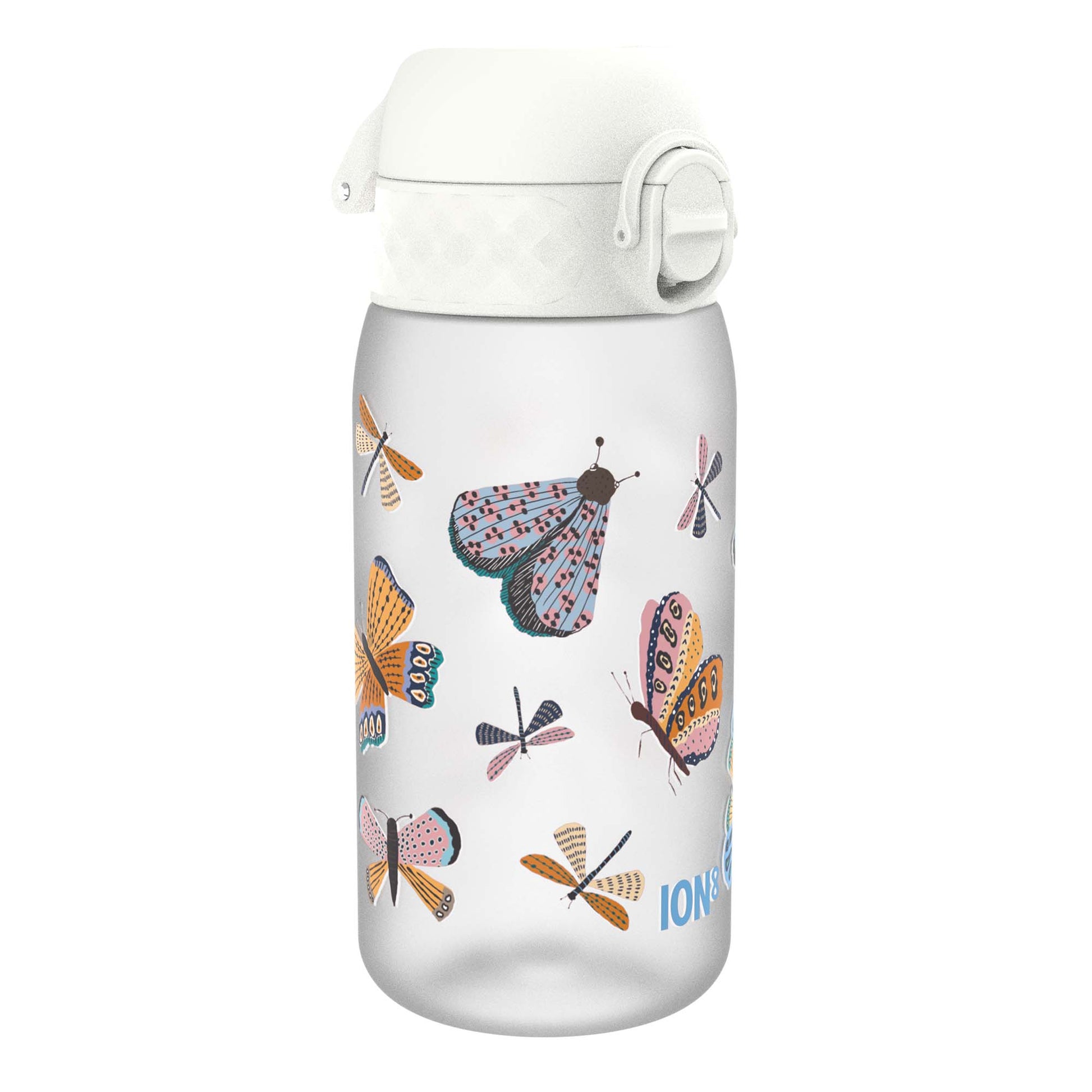 A translucent water bottle, featuring a white cap and butterfly/dragonfly designs, sits on a white background. ION8 is printed on the bottle.
