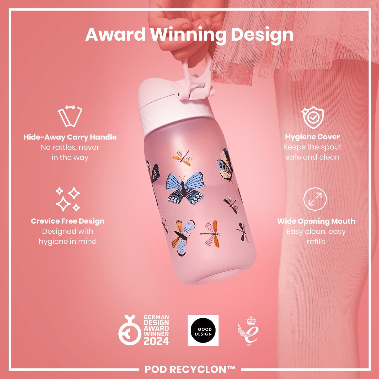 A pink water bottle, featuring a butterfly design, is being held; it has a hide-away handle and a wide mouth for easy cleaning. The bottle is award-winning and advertised on a pink background.