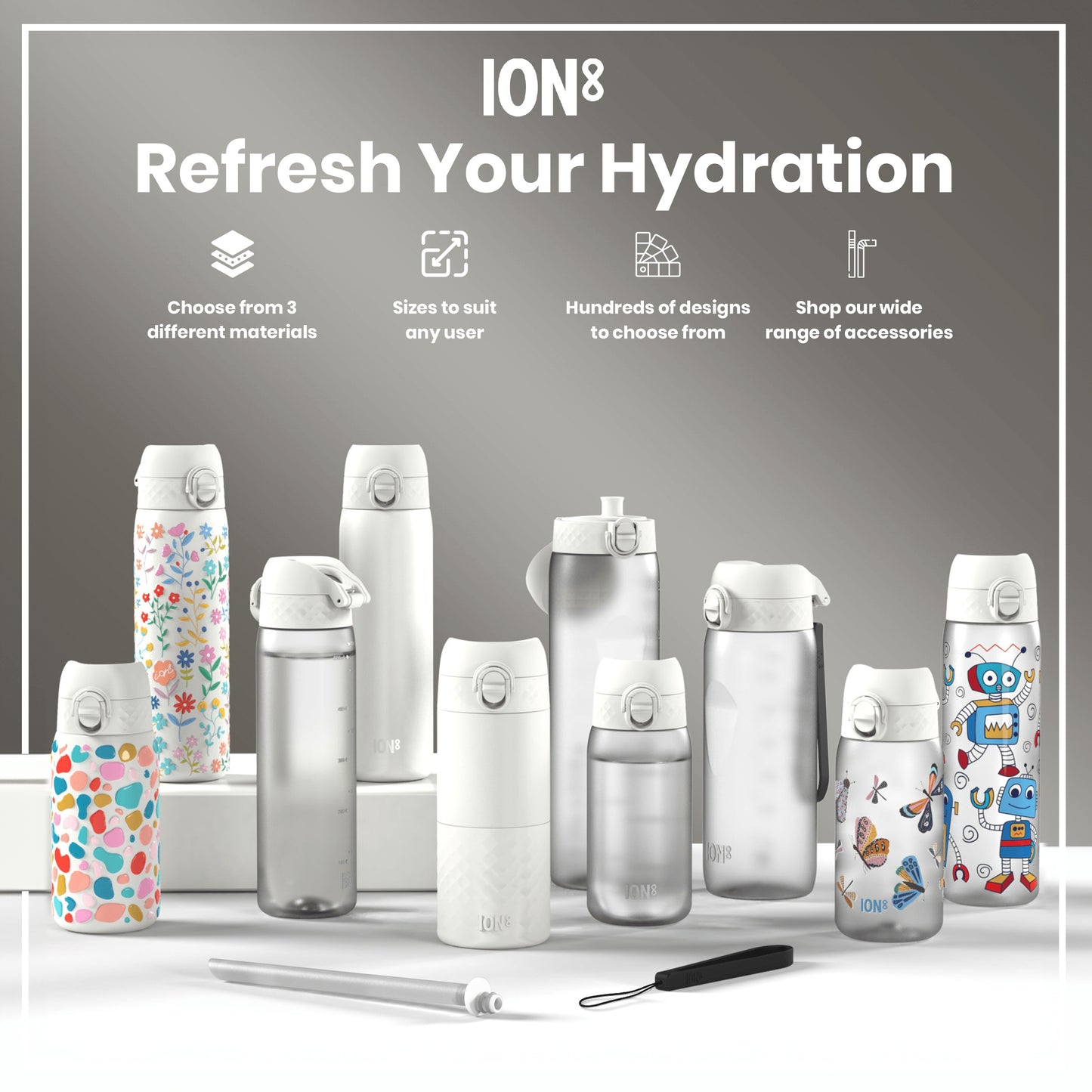 Several water bottles, varying in size, material, and design, are displayed on a white surface. They showcase diverse patterns and offer a range of accessories. The background promotes the brand, ION8, and its hydration products.