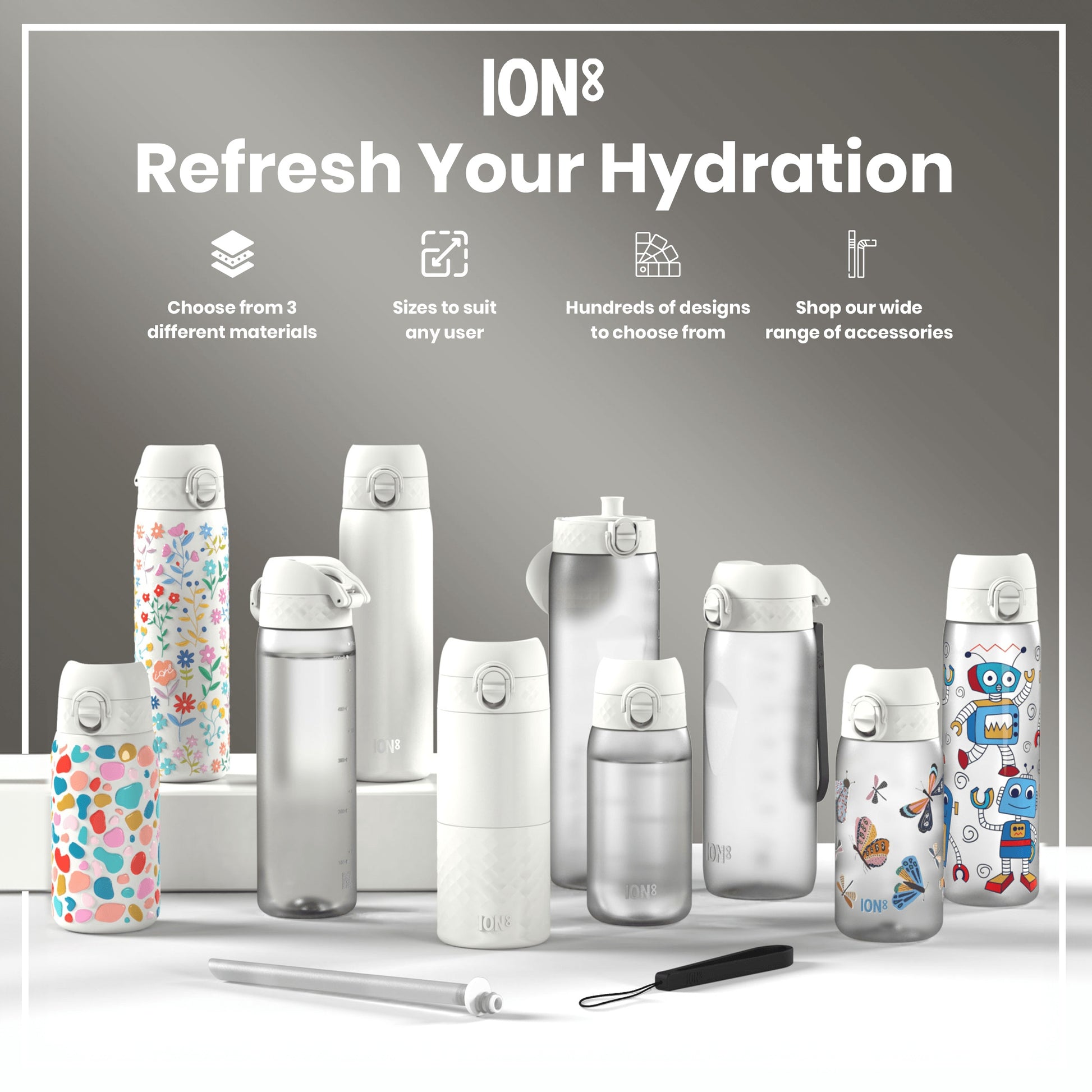 Several water bottles, varying in size, material, and design, are displayed on a white surface. They showcase diverse patterns and offer a range of accessories. The background promotes the brand, ION8, and its hydration products.