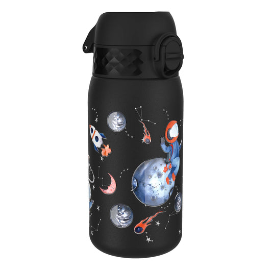 A black water bottle, featuring a space-themed design with an astronaut, planets, stars, and a rocket, sits on a white background.