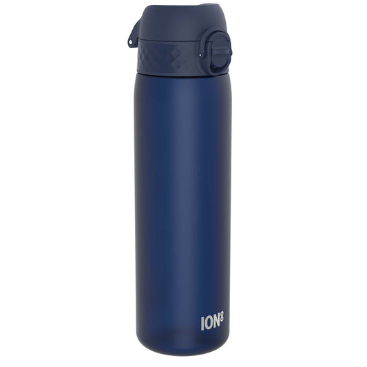 A dark-blue water bottle, standing upright, against a white background. The bottle has a dark-blue lid with a carrying loop and the word "ION8" is printed near the base.