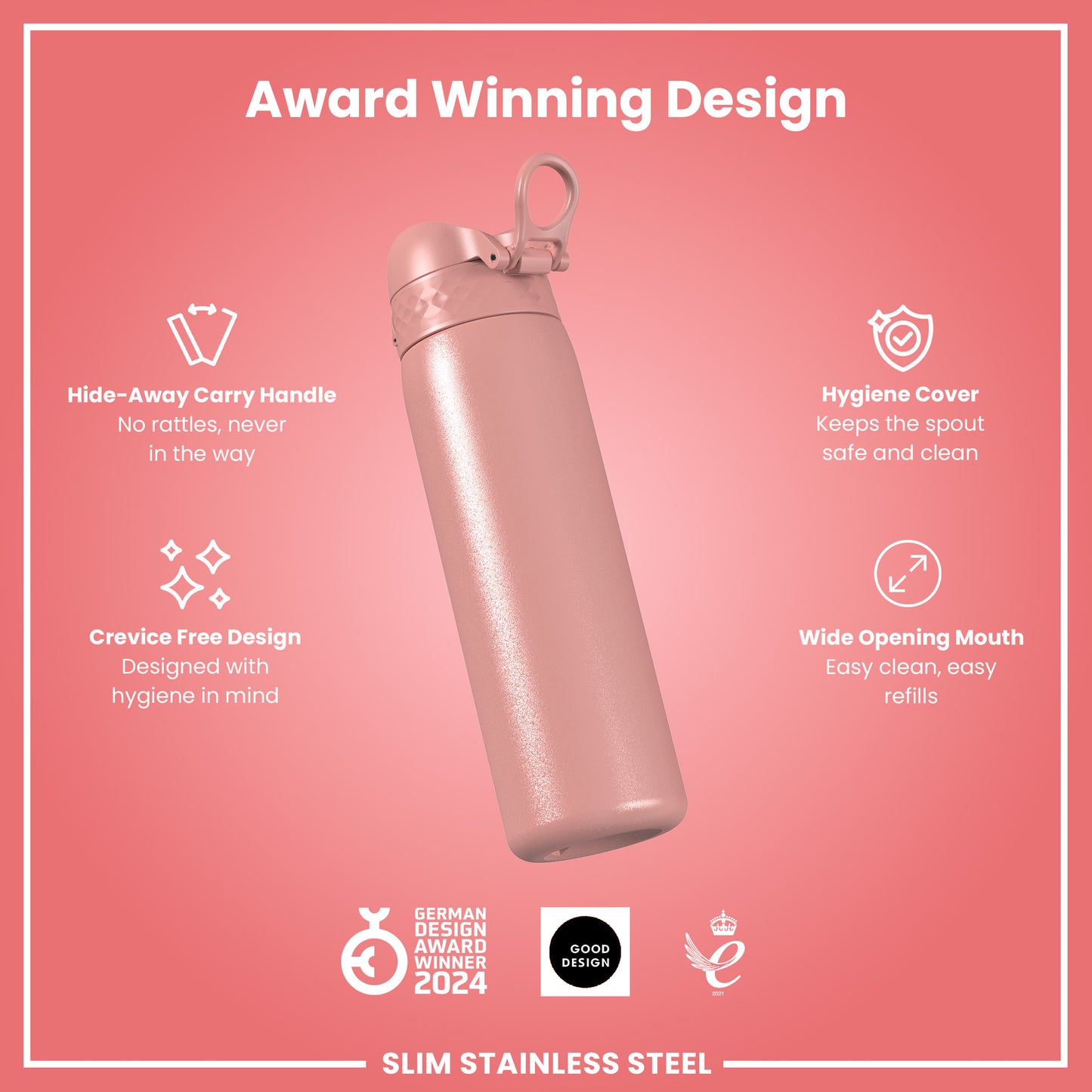 Leak Proof Slim Water Bottle, Stainless Steel, Ash Rose, 600ml (20oz)