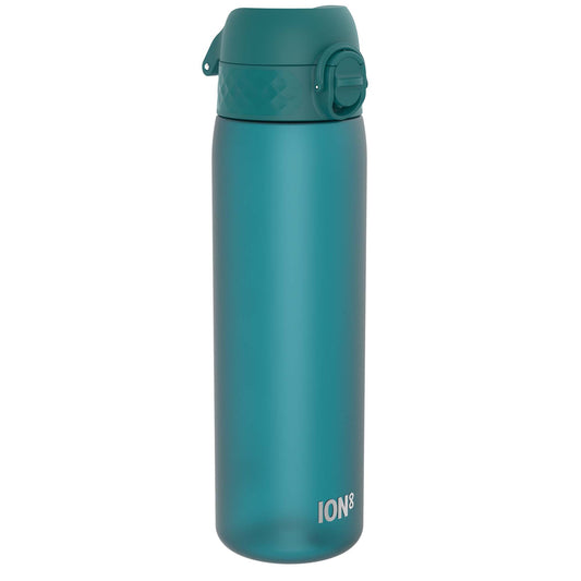 A teal water bottle stands upright against a white background. The bottle has a hinged, textured lid with a push-button closure. The brand "ION8" is visible near the base.