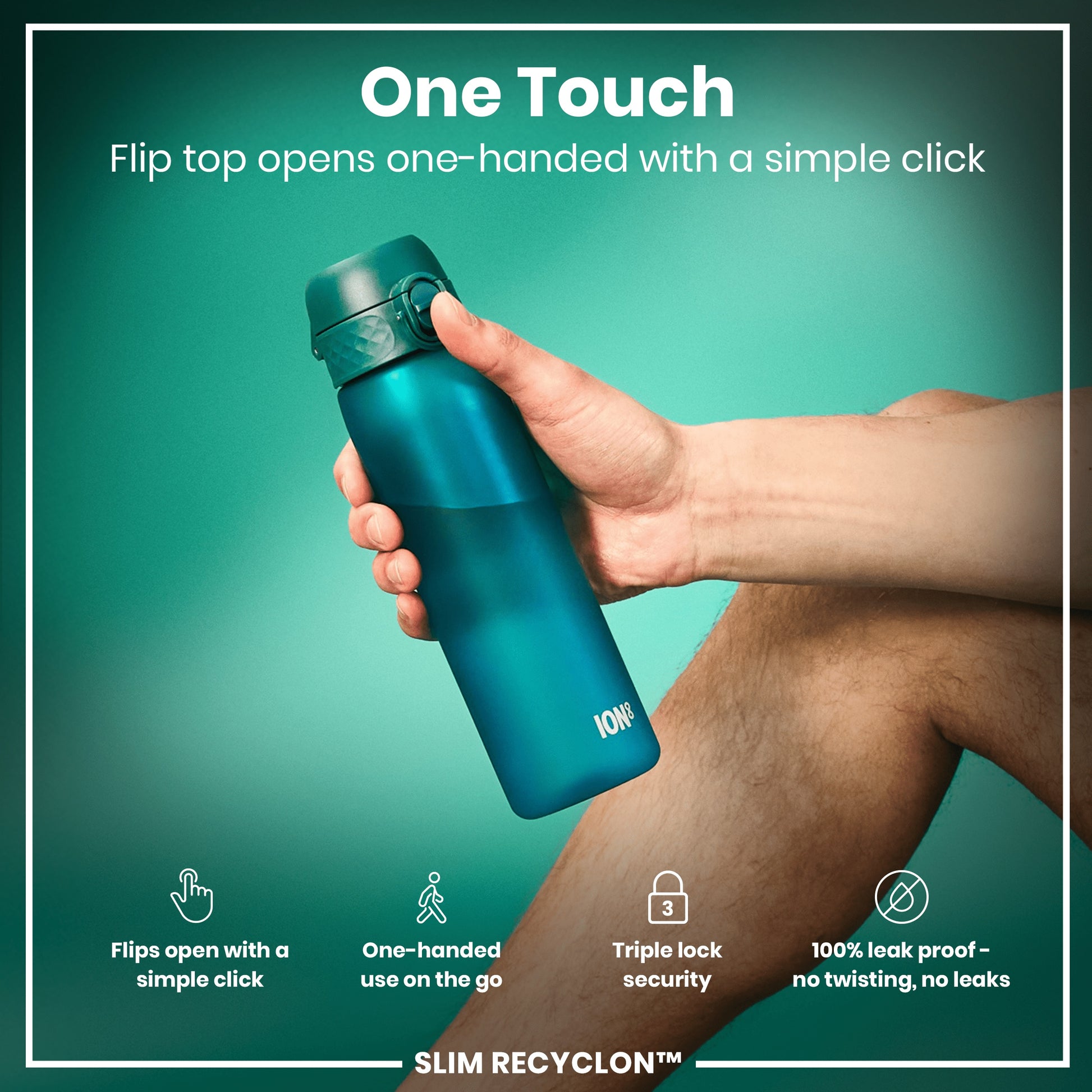 A teal water bottle is held; its flip top opens one-handed. The bottle is advertised as leak-proof, one-handed, and having triple-lock security. The background is teal.