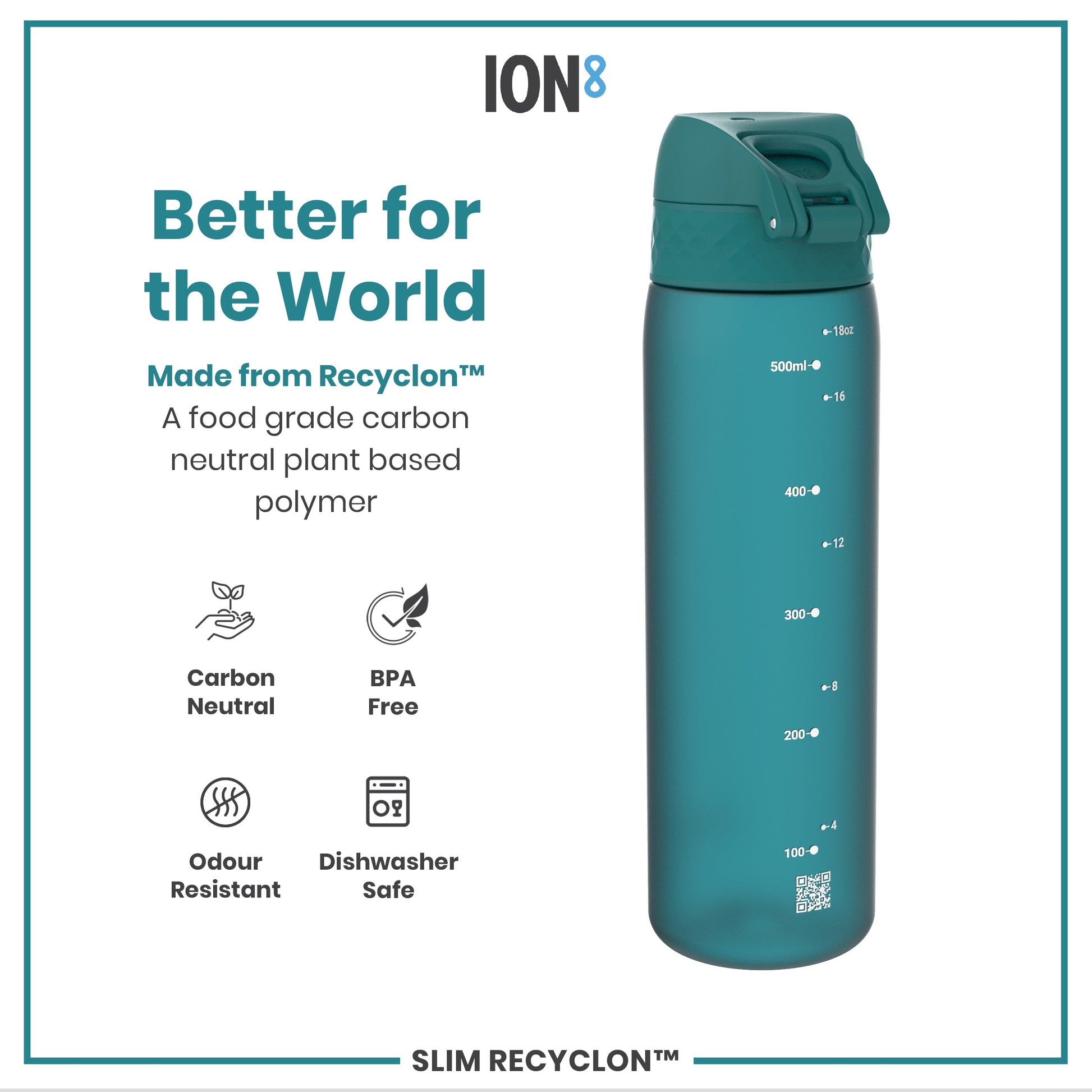 A teal water bottle sits on a white background. It’s made from a plant-based polymer, is BPA-free, odor resistant, and dishwasher safe. The bottle displays measurements in milliliters and ounces.