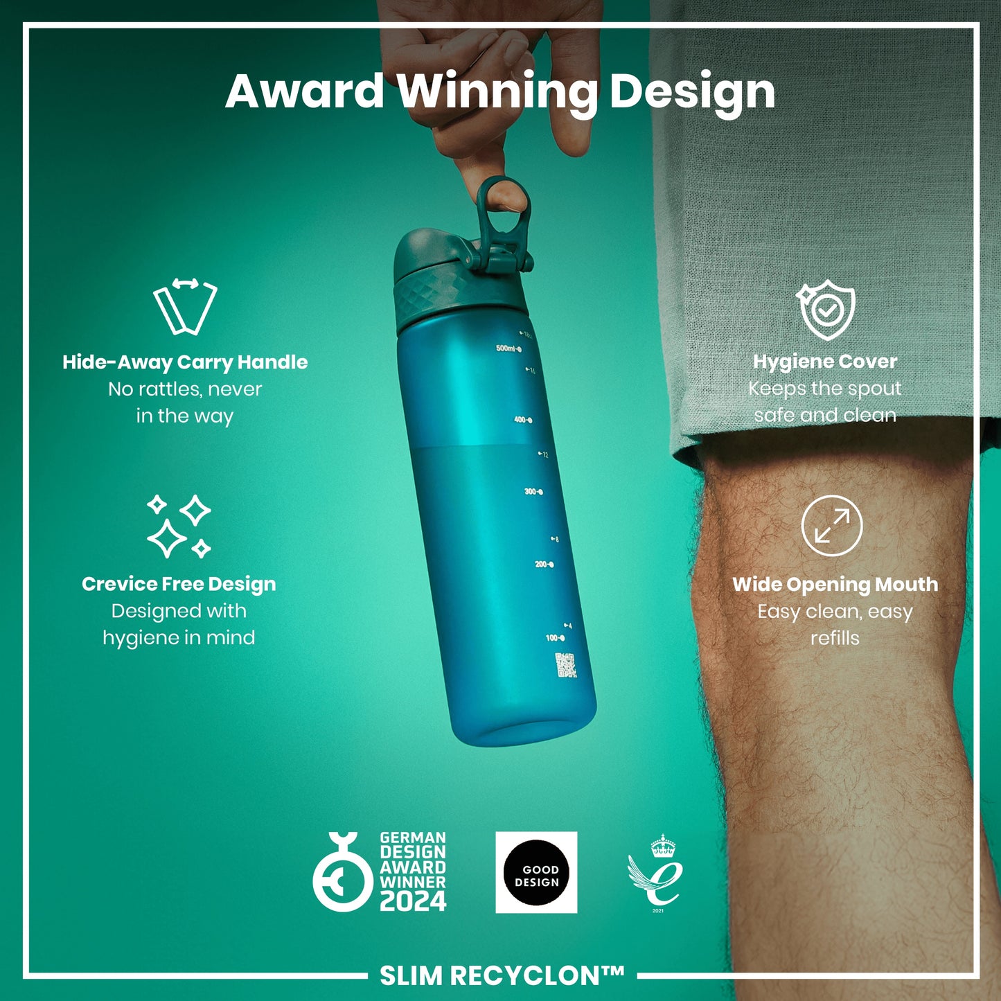 A teal water bottle is being held; it features a hide-away handle, crevice-free design, hygiene cover, and wide mouth. Awards from 2021 and 2024 are shown. The bottle is labelled "SLIM RECYCLON™".