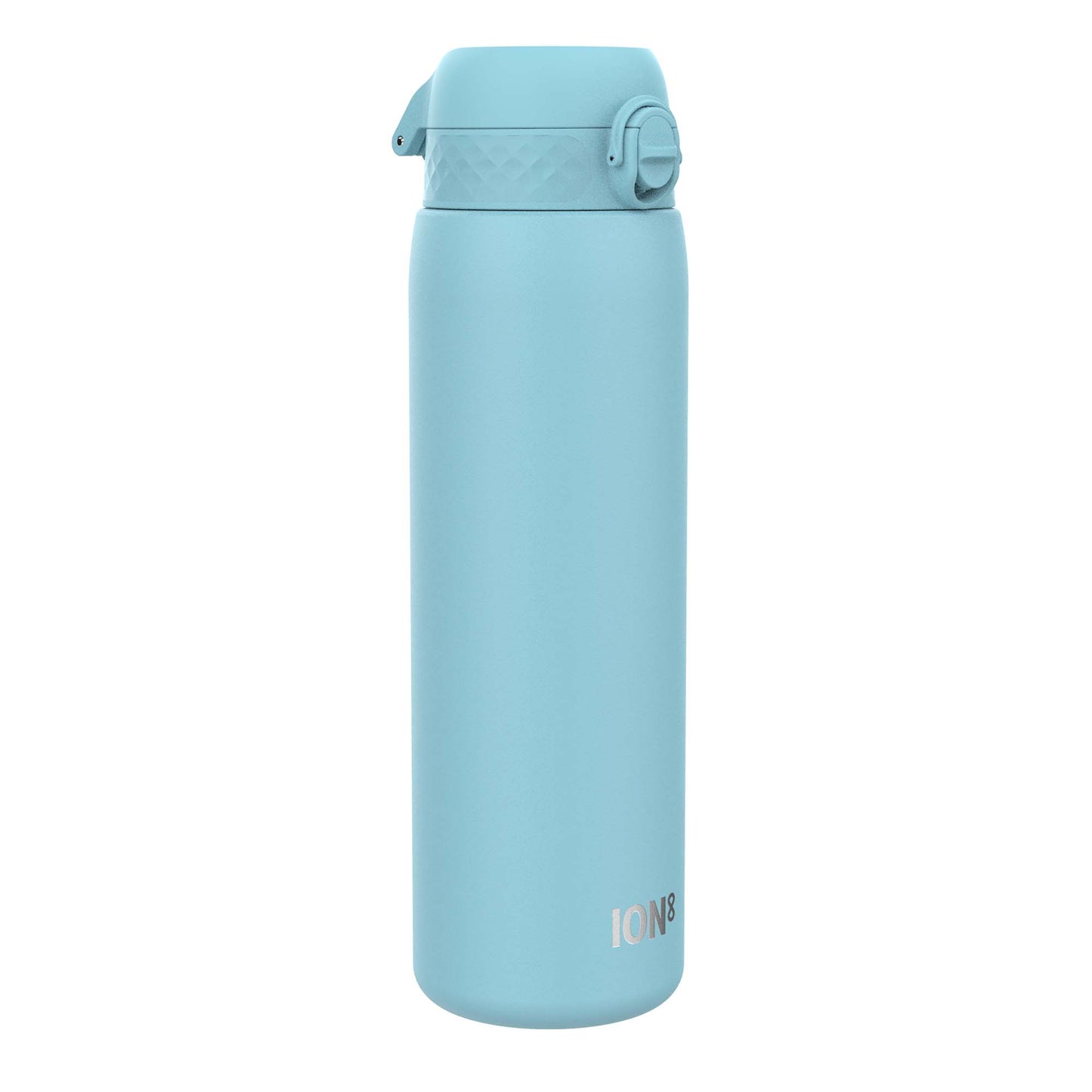 A light-blue water bottle stands upright against a white background. The bottle has a hinged lid and the word "ION8" is printed near the base.
