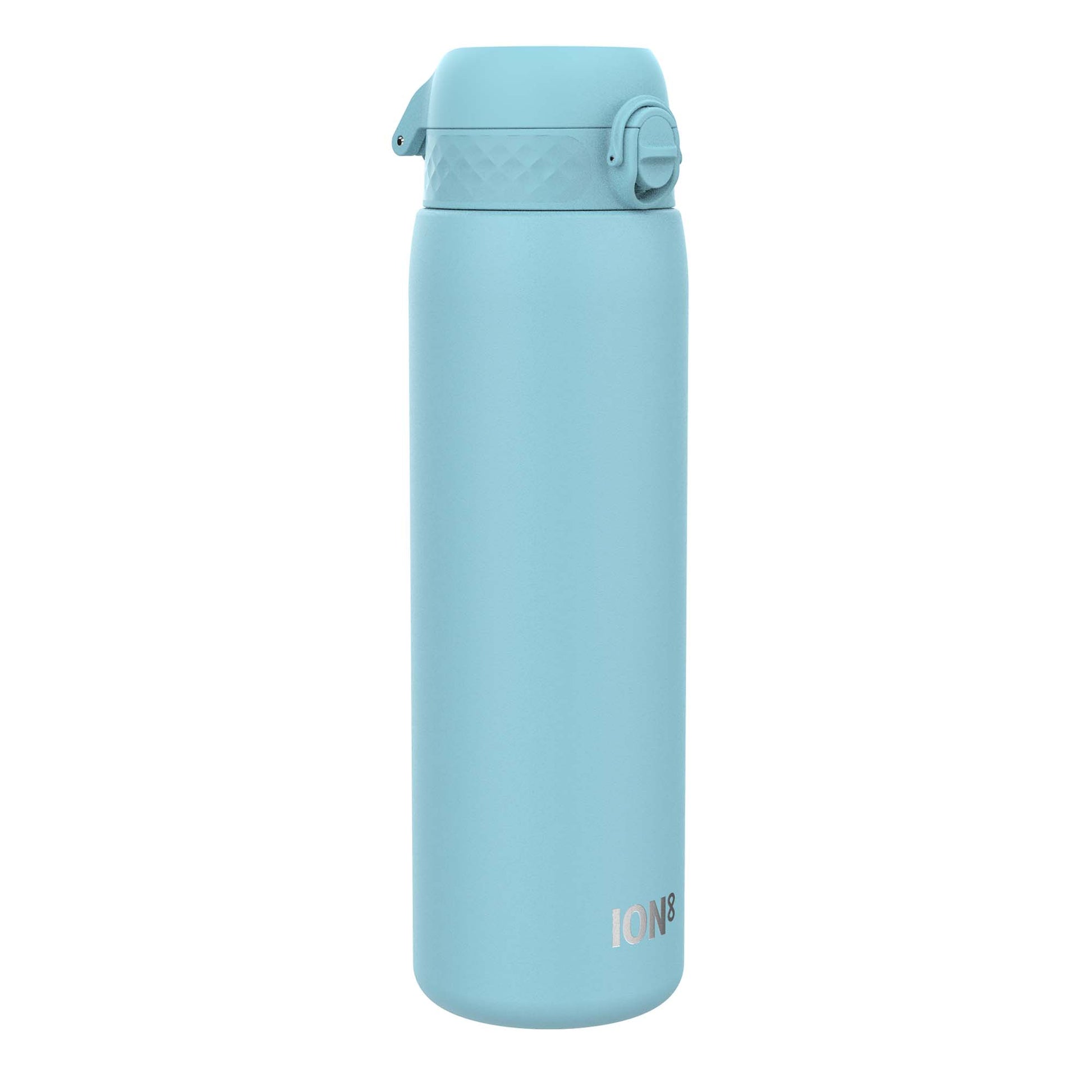 A light-blue water bottle stands upright against a white background. The bottle has a hinged lid and the word "ION8" is printed near the base.