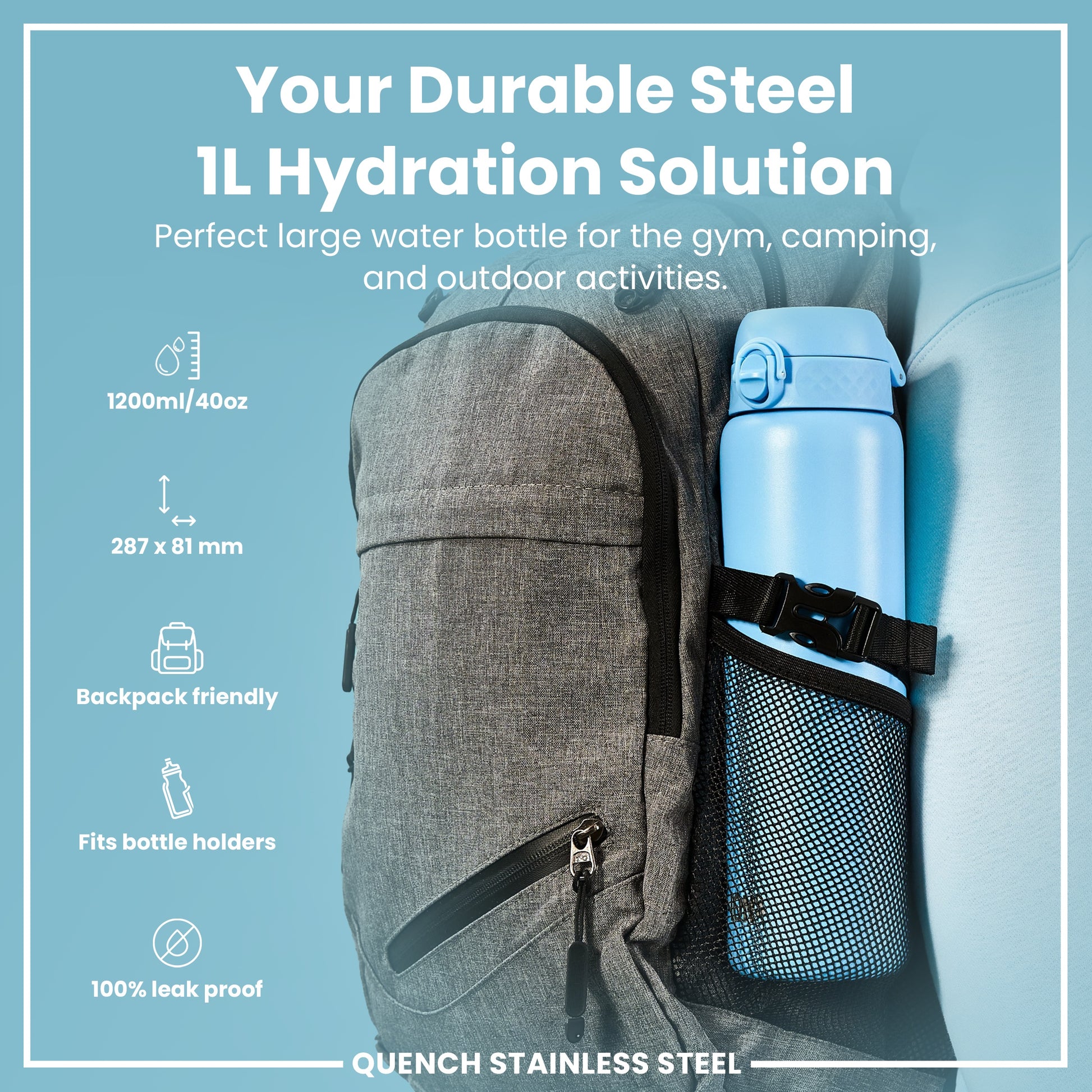 A light-blue, one-liter water bottle rests in a gray backpack's mesh pocket. It's designed for gym, camping, and outdoor use; the bottle is 100% leak-proof and fits most bottle holders. Dimensions are 287 x 81 mm.