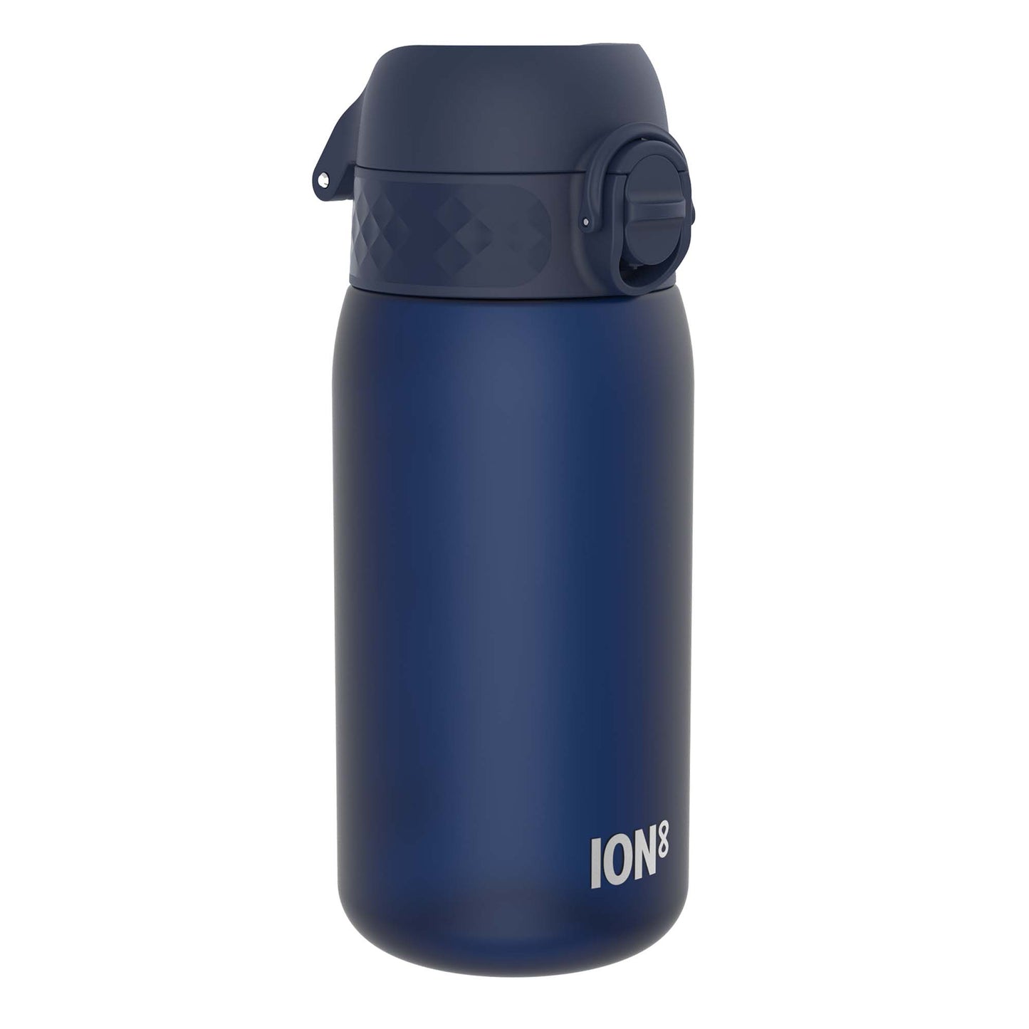 A dark-blue water bottle sits against a white background. The bottle has a dark-blue, hinged cap with a textured band and a flip-top mechanism. The brand "ION8" is visible near the base.