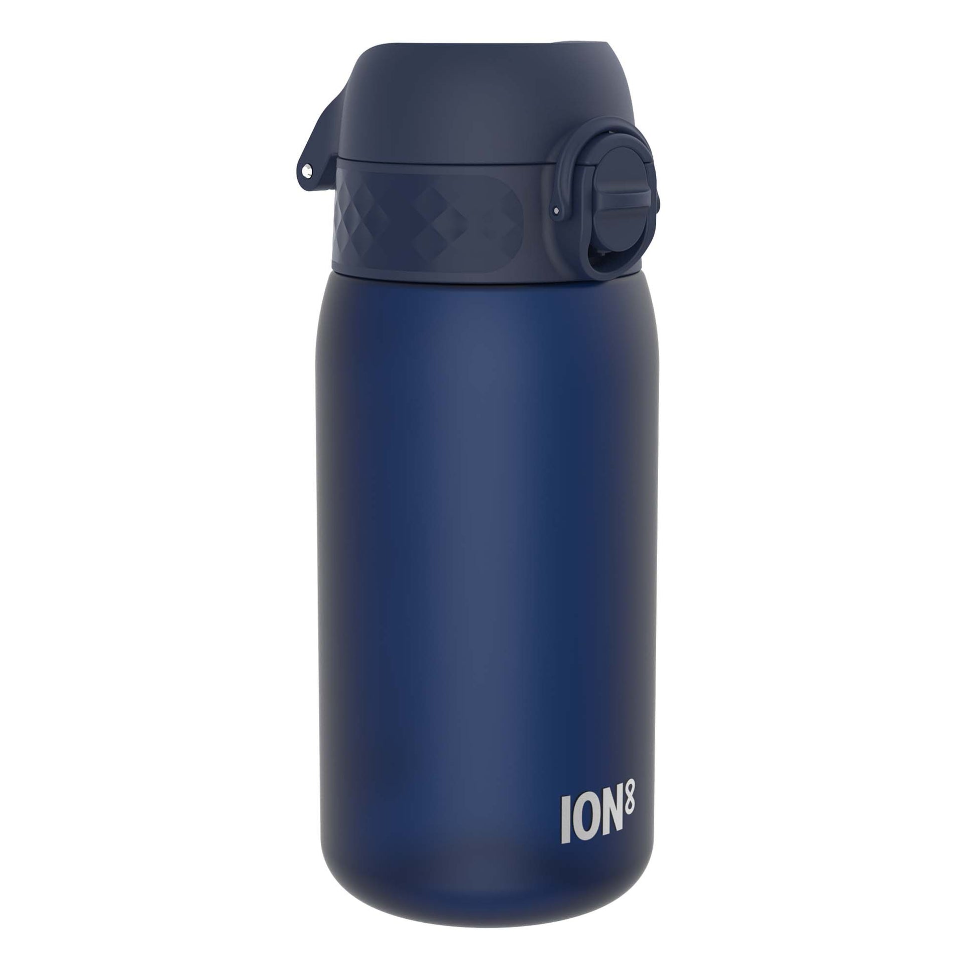 A dark-blue water bottle sits against a white background. The bottle has a dark-blue, hinged cap with a textured band and a flip-top mechanism. The brand "ION8" is visible near the base.