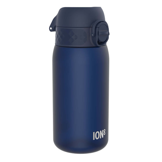 A dark-blue water bottle sits against a white background. The bottle has a dark-blue, hinged cap with a textured band and a flip-top mechanism. The brand "ION8" is visible near the base.