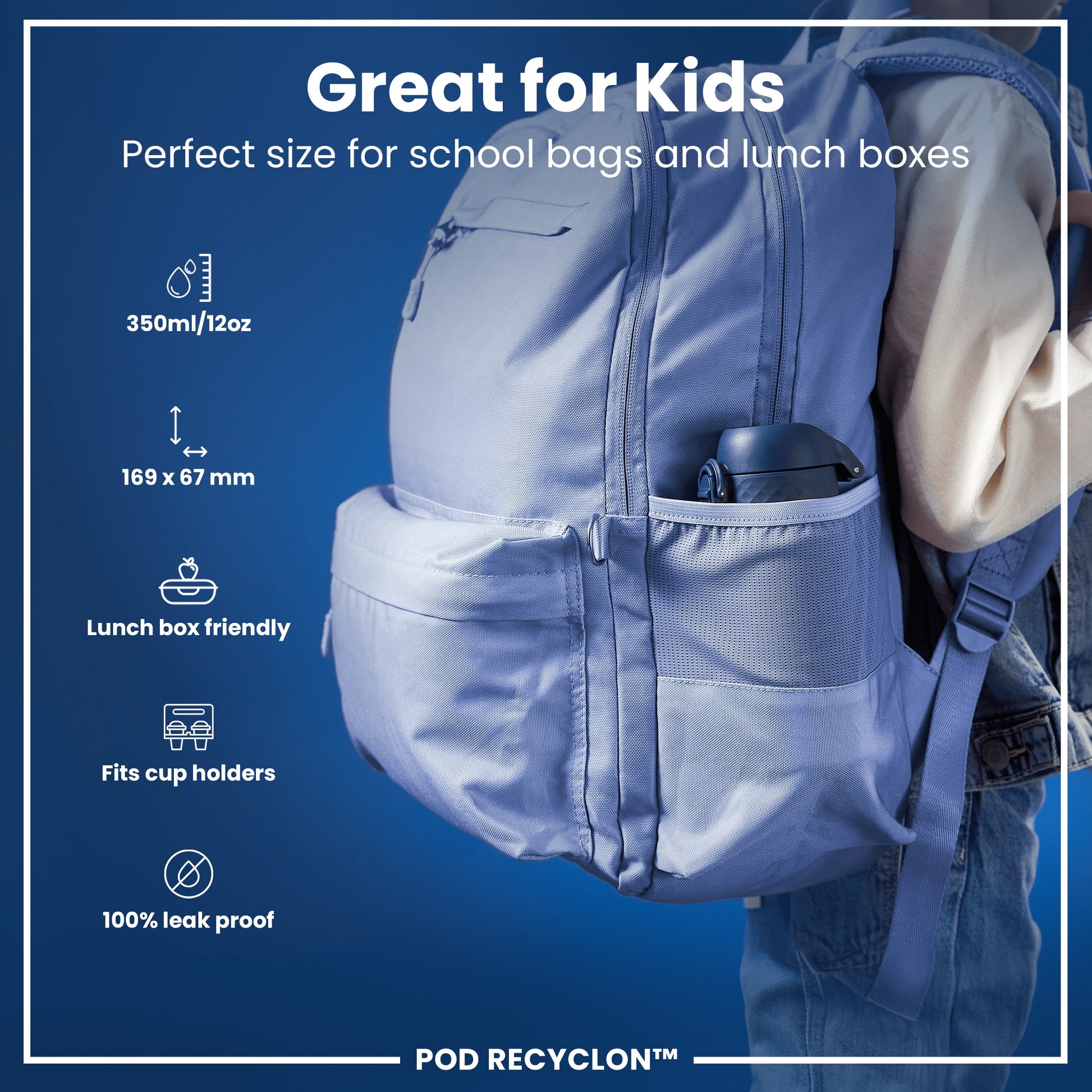A light-blue backpack is worn; it's sized for children's lunches and school supplies, and features a leakproof design. POD RECYCLON™ is shown.