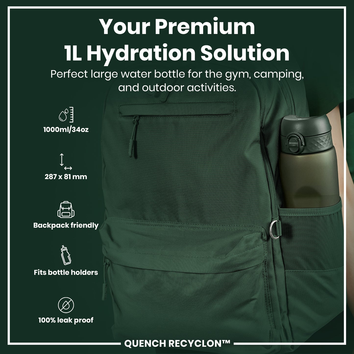 A 1L water bottle fits in a dark green backpack’s side pocket. It's 287 x 81 mm, 1000ml/34oz, backpack-friendly, fits bottle holders, and is leakproof. The text reads: “Your Premium 1L Hydration Solution. Perfect large water bottle for the gym, camping, and outdoor activities. QUENCH RECYCLON™”.
