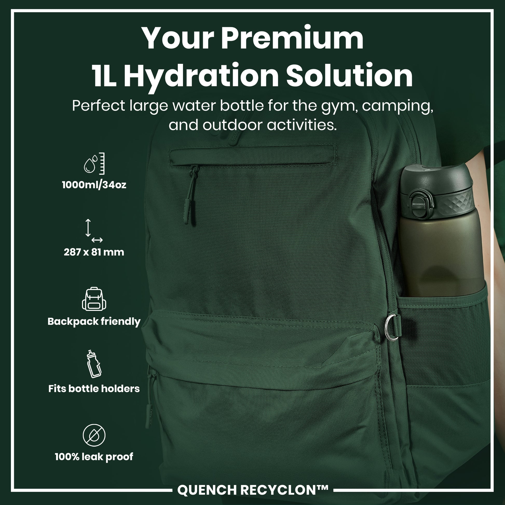 A 1L water bottle fits in a dark green backpack’s side pocket. It's 287 x 81 mm, 1000ml/34oz, backpack-friendly, fits bottle holders, and is leakproof. The text reads: “Your Premium 1L Hydration Solution. Perfect large water bottle for the gym, camping, and outdoor activities. QUENCH RECYCLON™”.