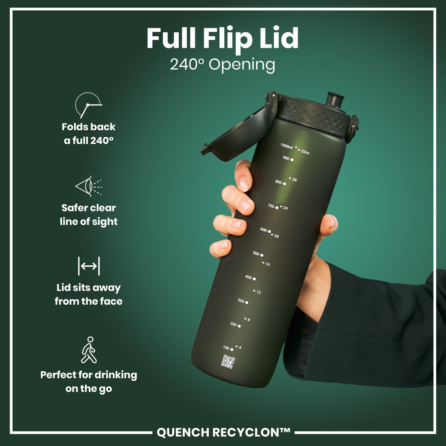 A dark-green water bottle, with a 240° opening flip lid, is held by a hand. Measurement markings in milliliters and ounces are visible. The background is a solid dark-green.