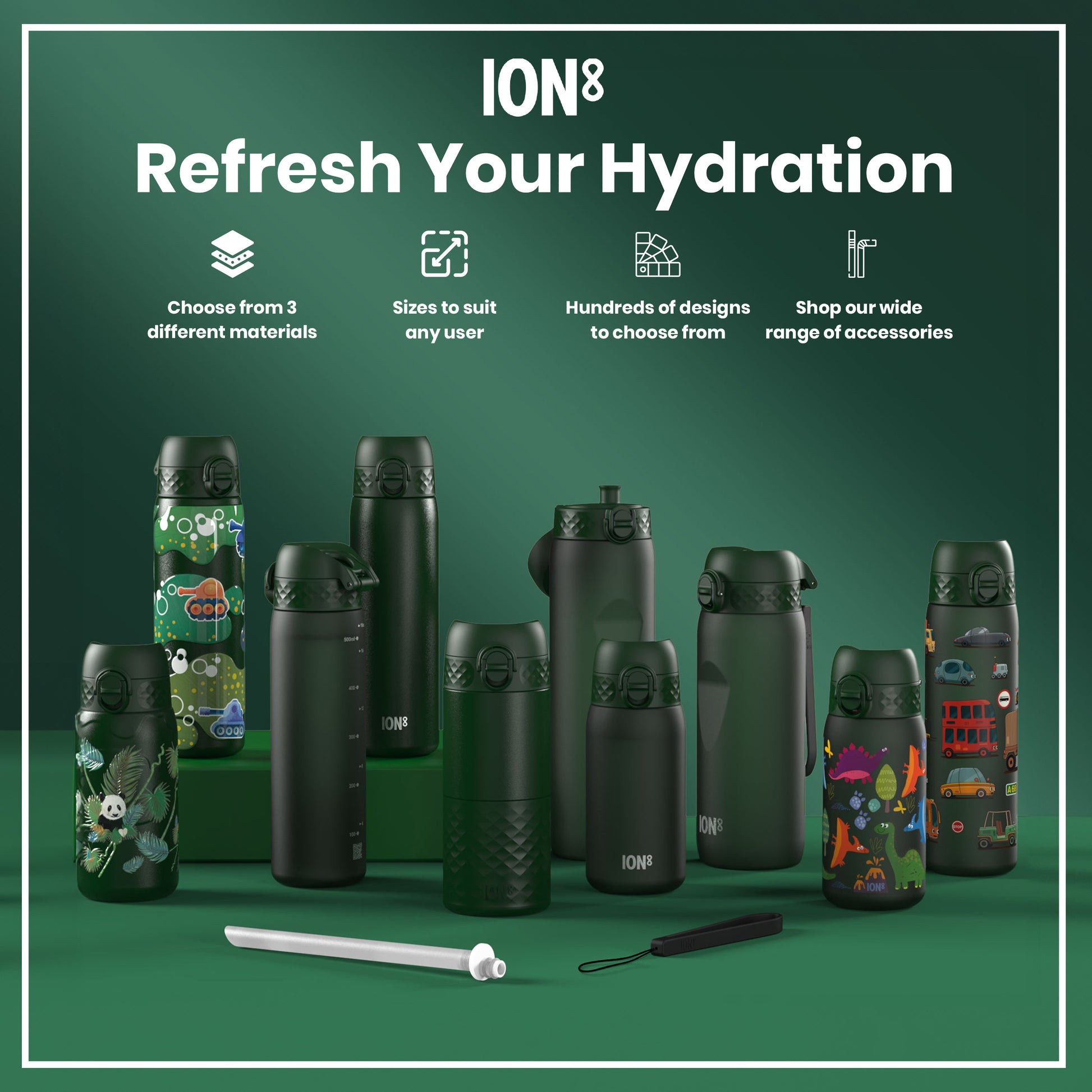 Several dark-green ION8 water bottles, varying in size and design, are displayed on a green surface. They showcase diverse patterns and materials. The accompanying text advertises material choices, size options, design variety, and accessories.