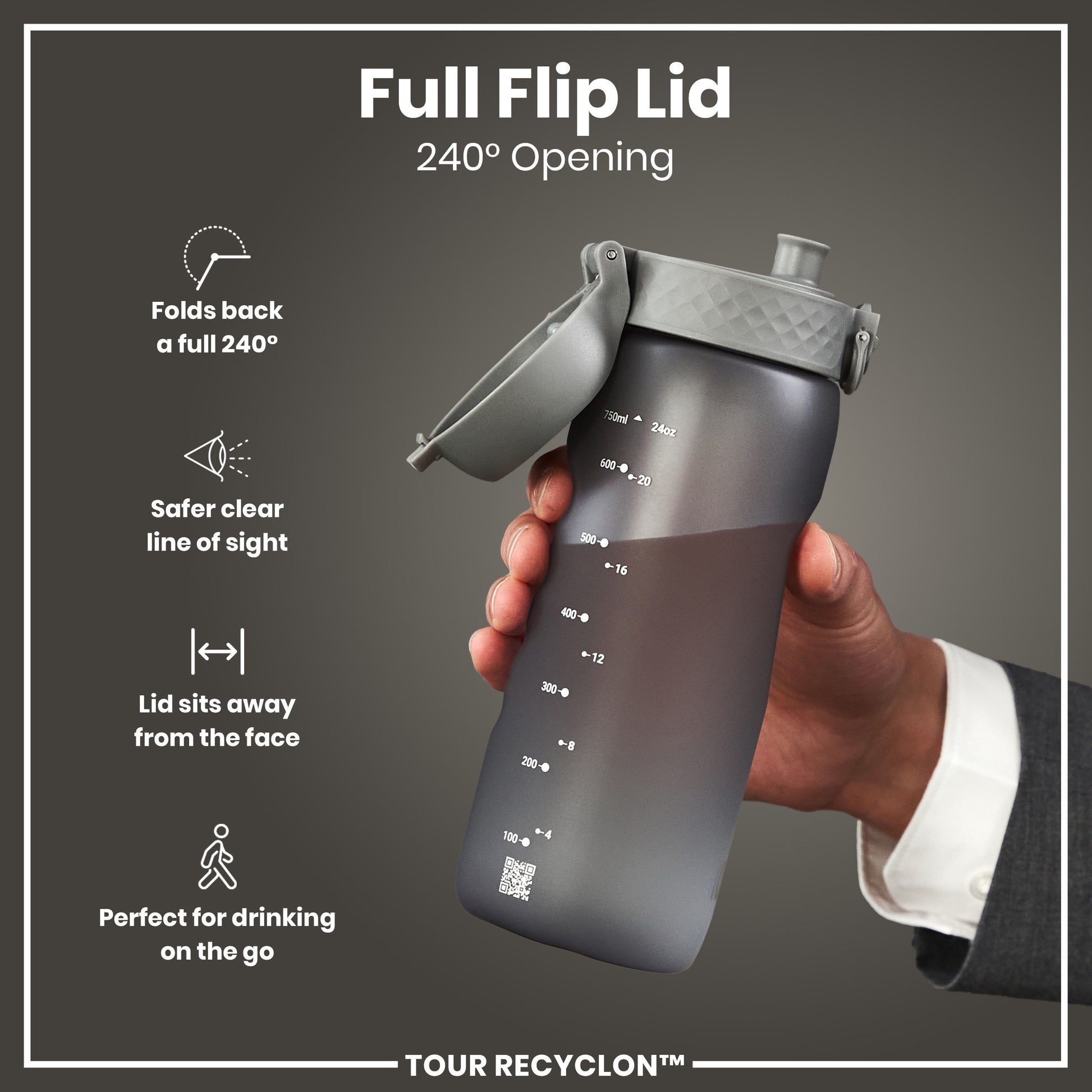 A dark-grey water bottle with a 240° flip lid is held; the bottle has measurements in milliliters and ounces, and a QR code.