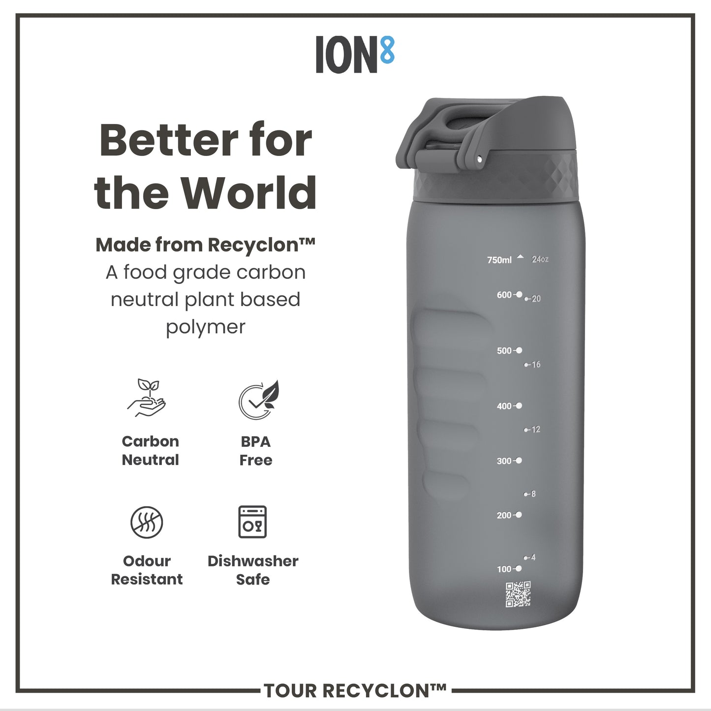 A gray water bottle sits on a white background. It is made from Recyclon™, a plant-based polymer. Measurements in milliliters and ounces are marked on its side.