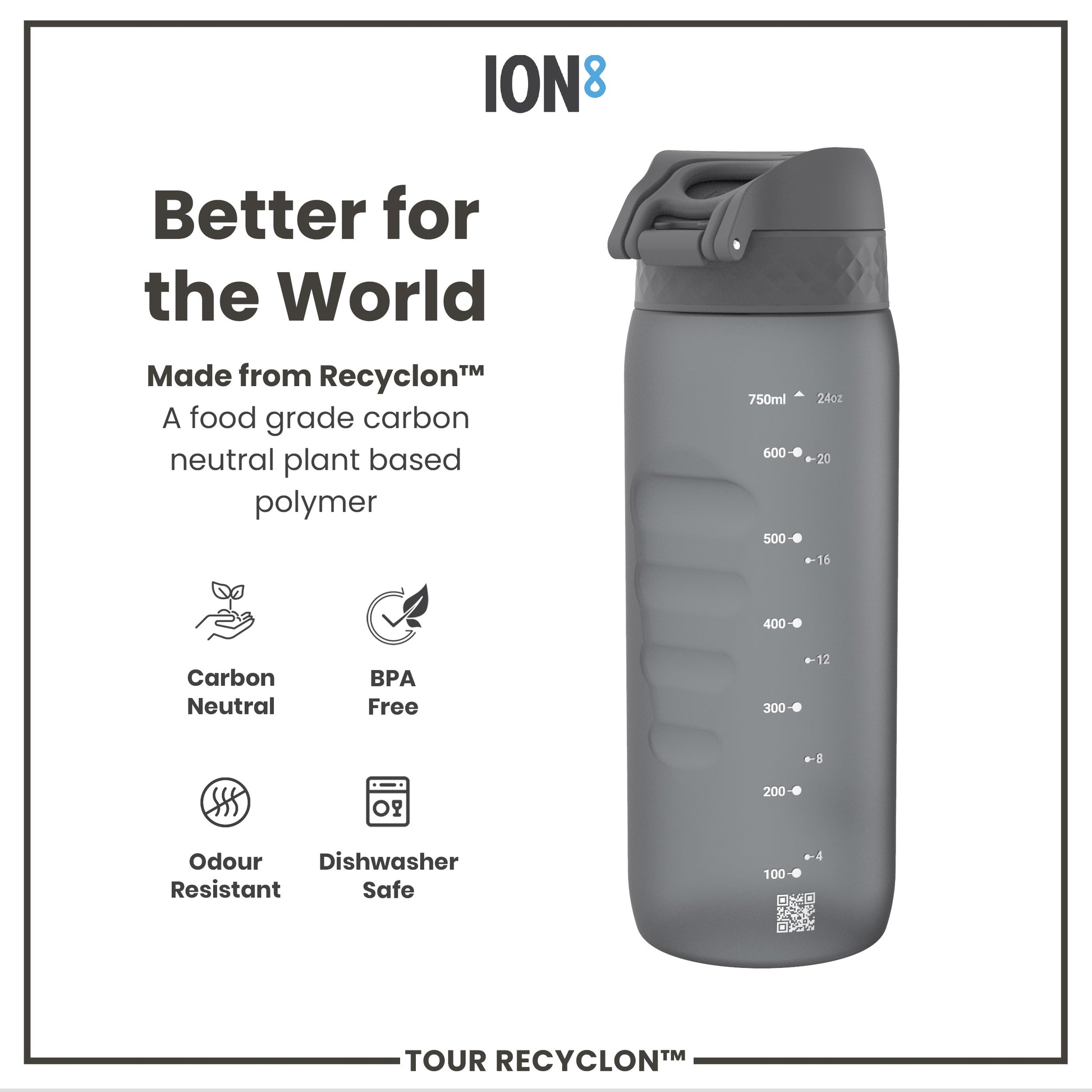 A gray water bottle sits on a white background. It is made from Recyclon™, a plant-based polymer. Measurements in milliliters and ounces are marked on its side.