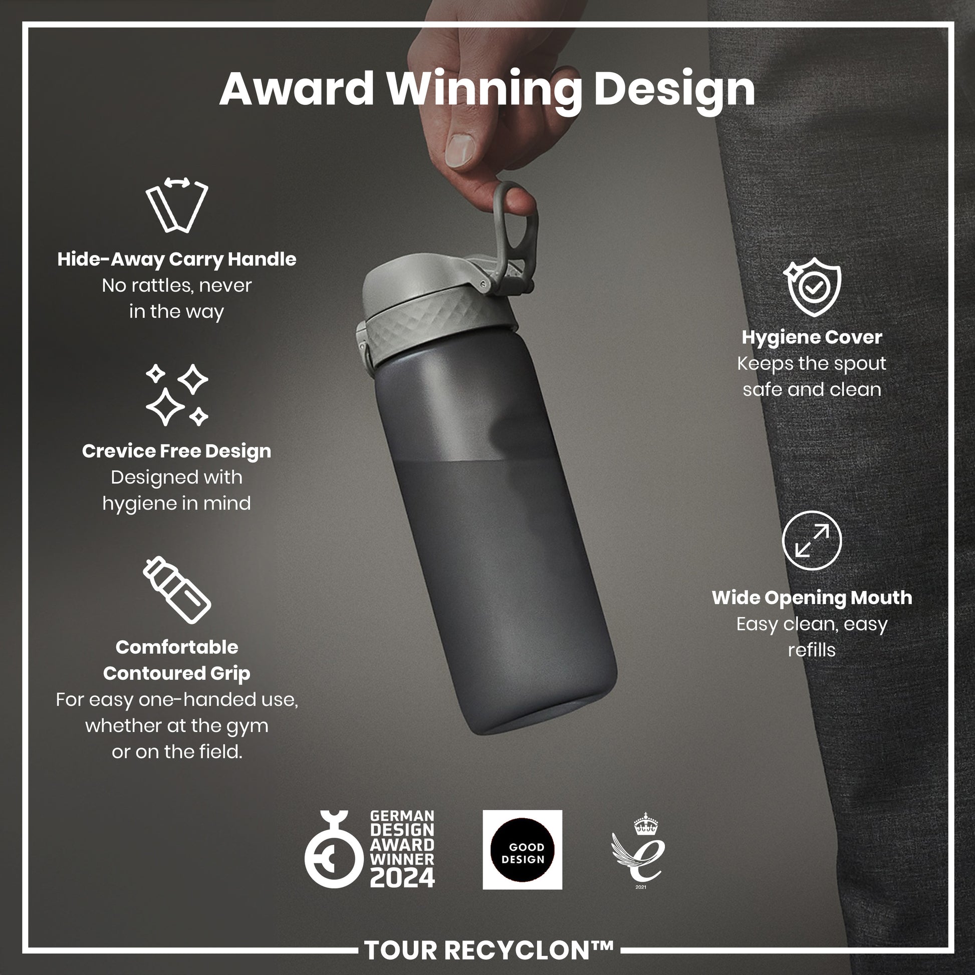 A gray water bottle is being held; its features are highlighted, including a hide-away handle, crevice-free design, contoured grip, hygiene cover, and wide mouth. Awards from 2021 and 2024 are shown.