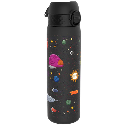 A black water bottle, featuring a space-themed design with planets, stars, and rockets, sits on a white background. ION8 is visible on the sun graphic.