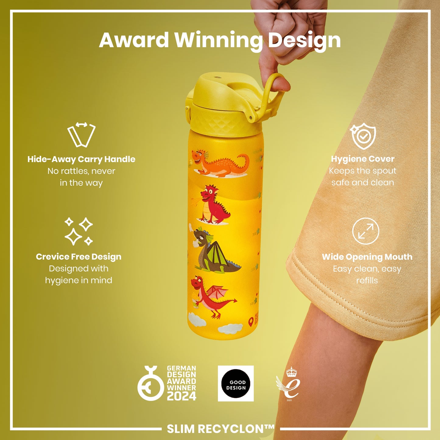 A yellow children's water bottle, being held, features a dragon design; it has a hide-away handle and a wide mouth for easy cleaning and refilling. The bottle is award-winning and boasts a crevice-free, hygienic design.