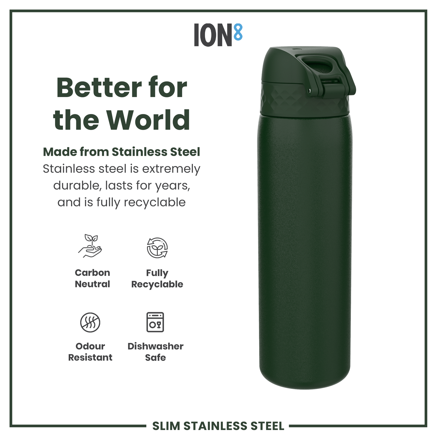 A dark-green, stainless steel water bottle stands against a white background. It is made from sustainable materials and is dishwasher safe. Marketing text highlights its durability and recyclability.